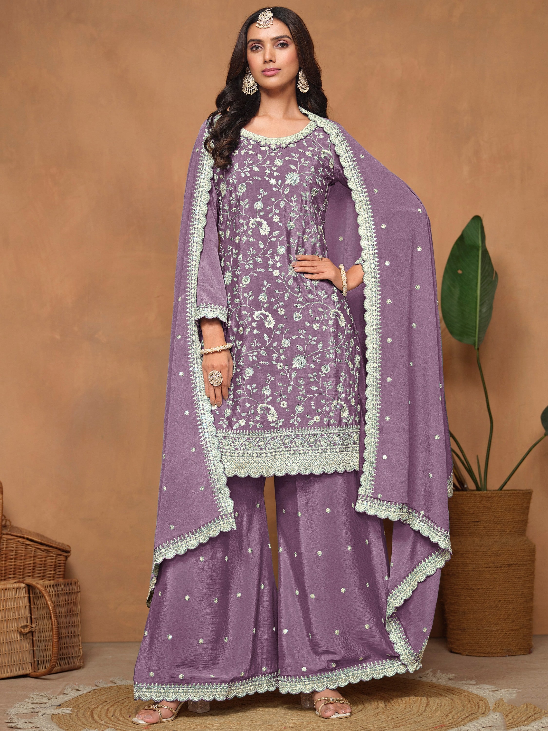 Lavender Chinon Salwar Suit with Sequins Design for Engagement Evening and Party