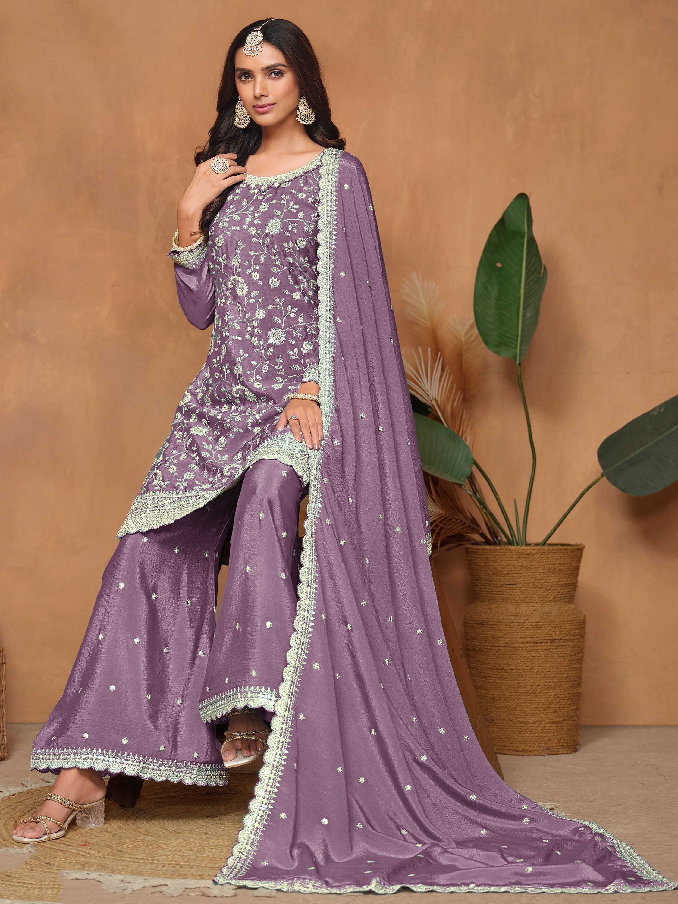 Lavender Chinon Salwar Suit with Sequins Design for Engagement Evening and Party