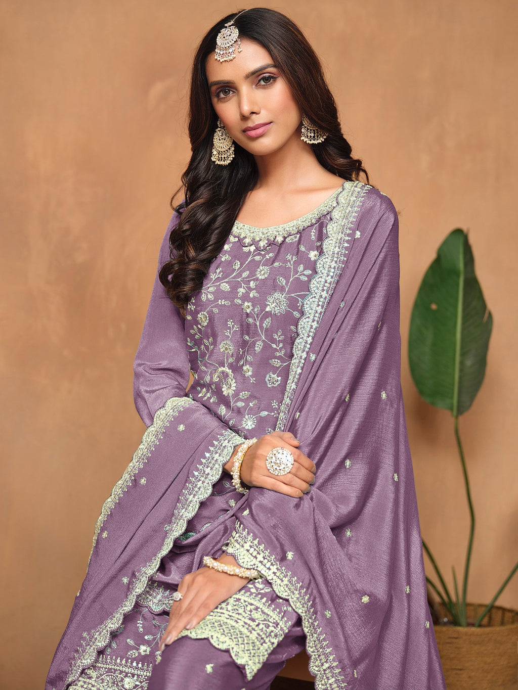 Lavender Chinon Salwar Suit with Sequins Design for Engagement Evening and Party