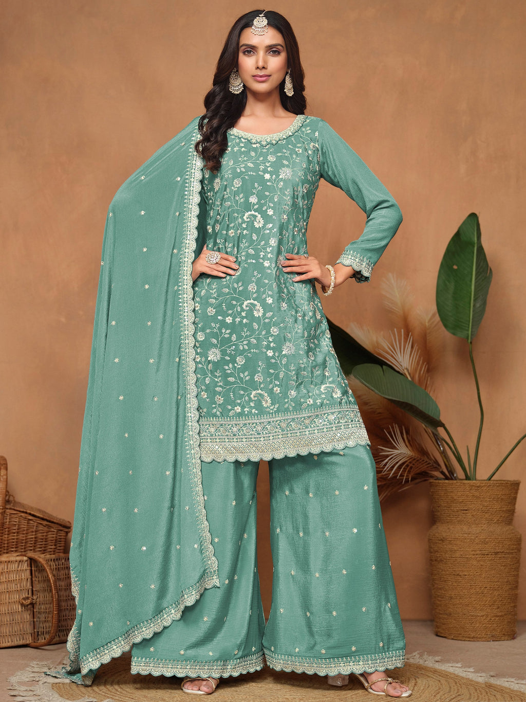 Sea Green Chinon Salwar Suit with Sequins Design for Engagement Evening and Party