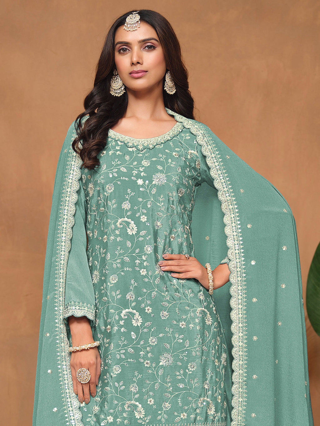 Sea Green Chinon Salwar Suit with Sequins Design for Engagement Evening and Party