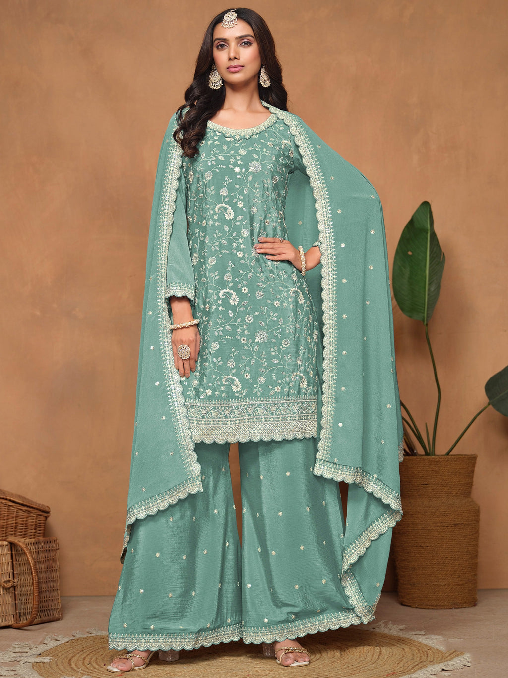 Sea Green Chinon Salwar Suit with Sequins Design for Engagement Evening and Party
