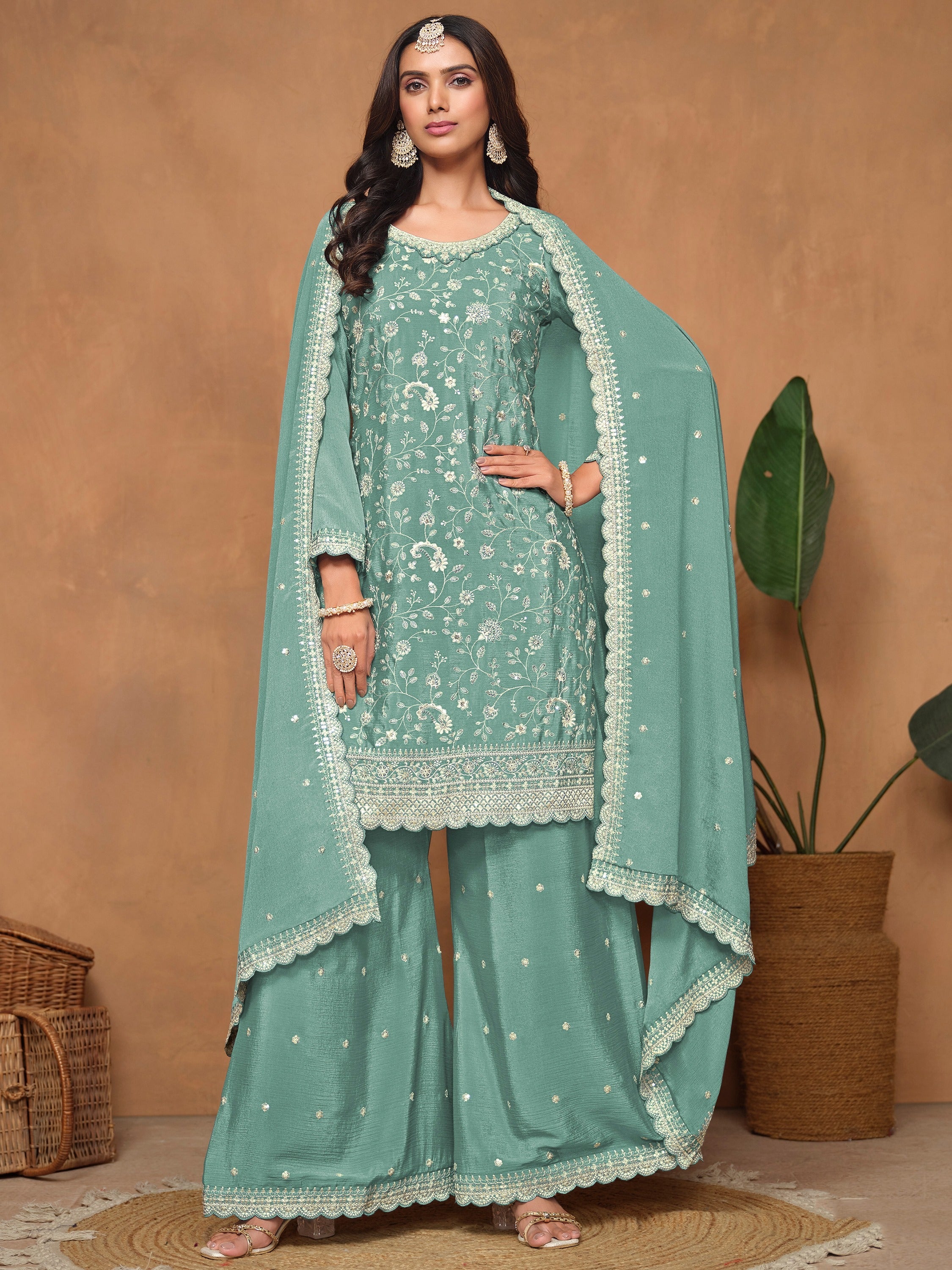 Sea Green Chinon Salwar Suit with Sequins Design for Engagement Evening and Party