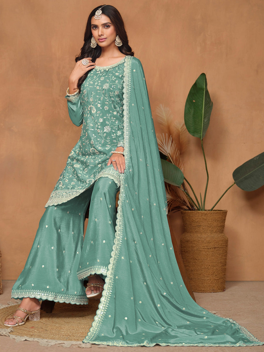 Sea Green Chinon Salwar Suit with Sequins Design for Engagement Evening and Party