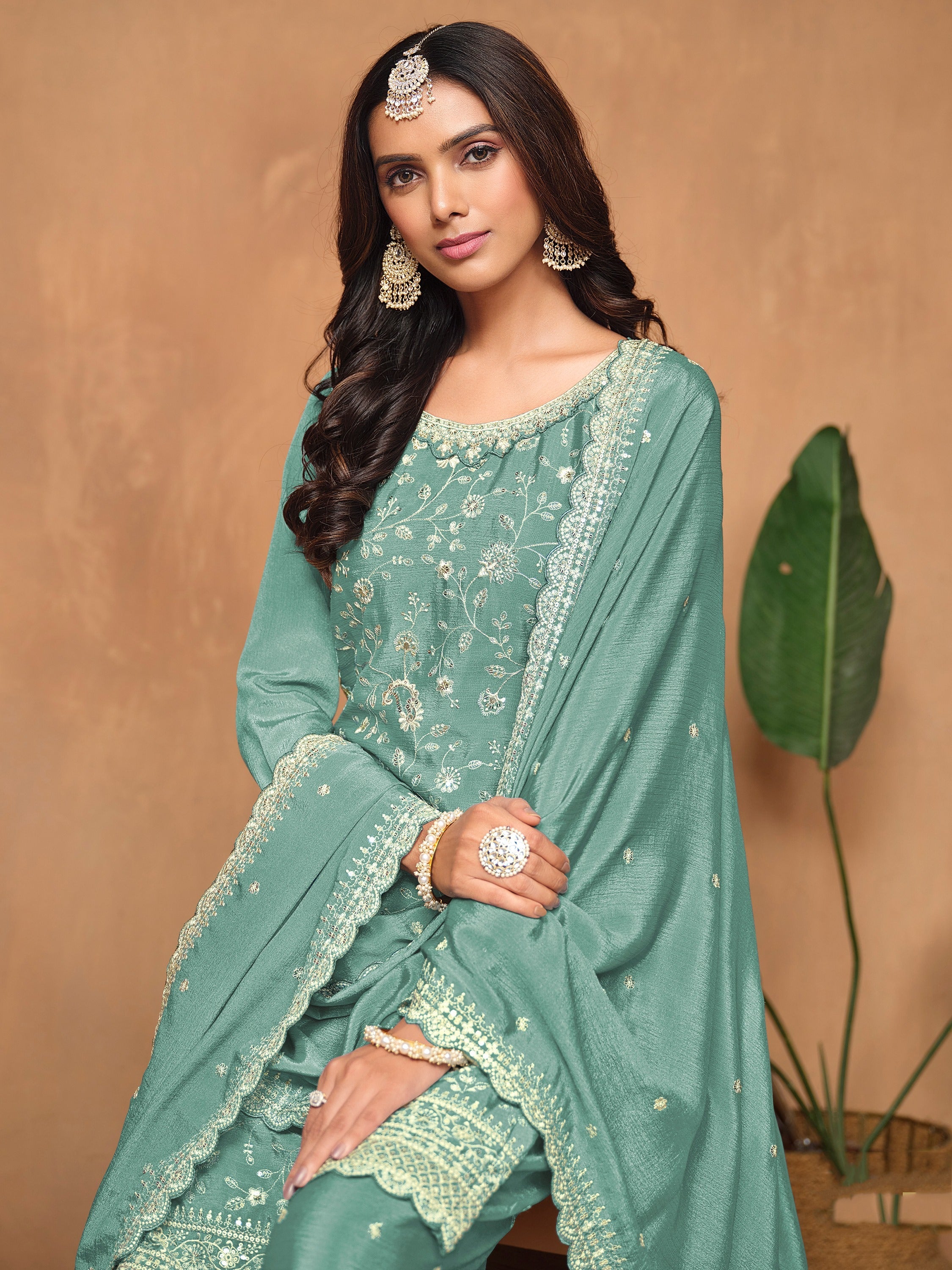 Sea Green Chinon Salwar Suit with Sequins Design for Engagement Evening and Party