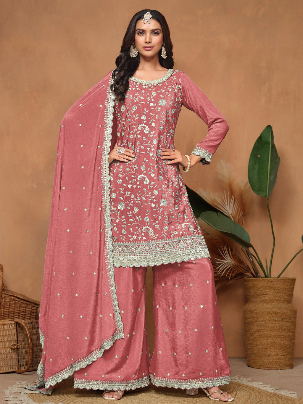 Pink Chinon Salwar Suit with Sequins Design for Engagement Evening and Party