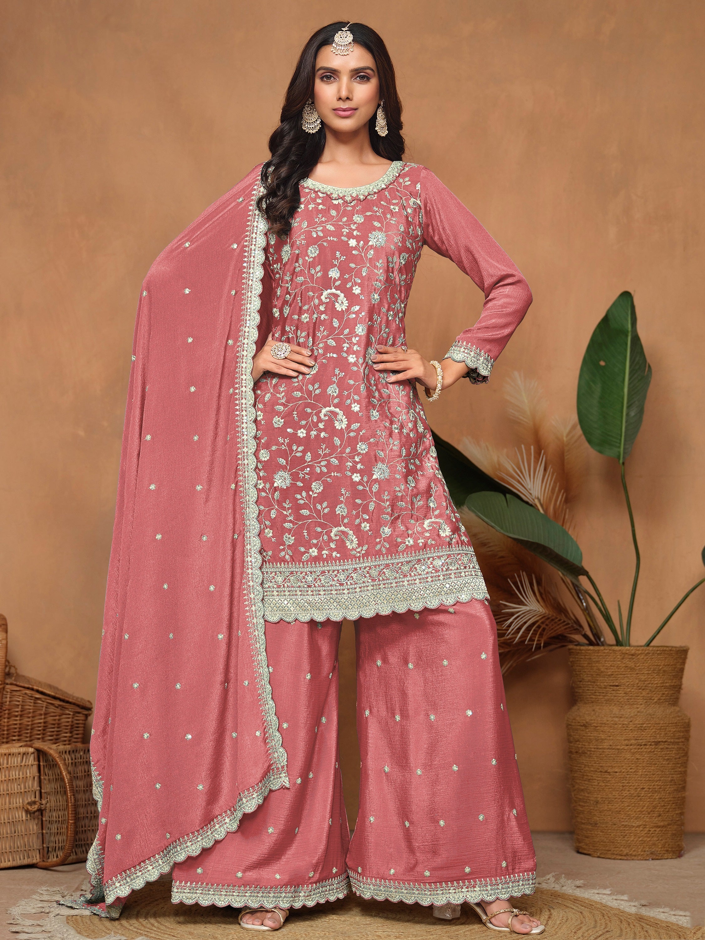 Pink Chinon Salwar Suit with Sequins Design for Engagement Evening and Party