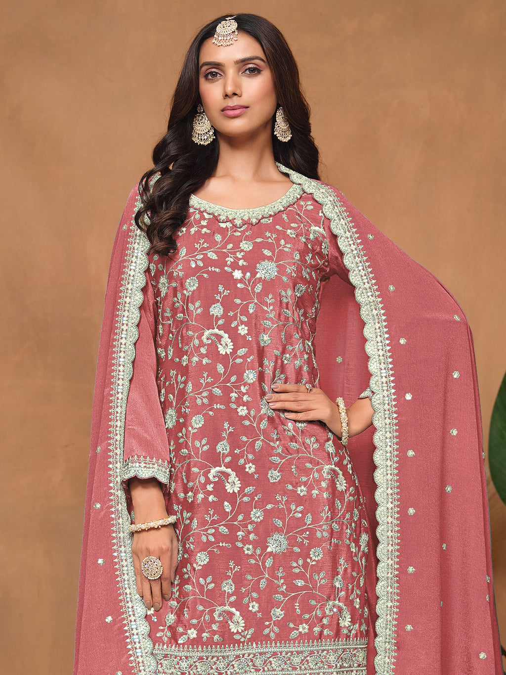 Pink Chinon Salwar Suit with Sequins Design for Engagement Evening and Party