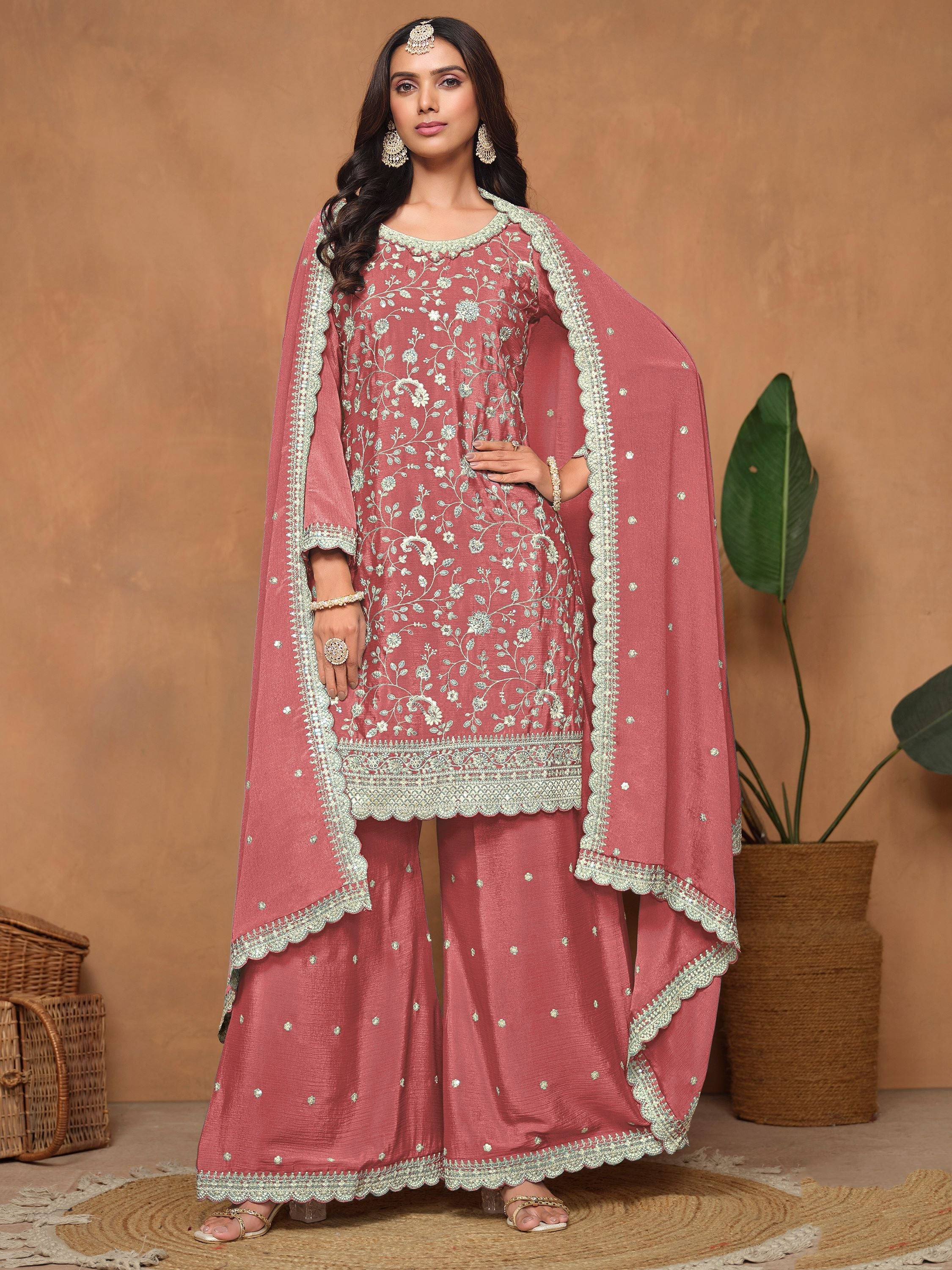 Pink Chinon Salwar Suit with Sequins Design for Engagement Evening and Party