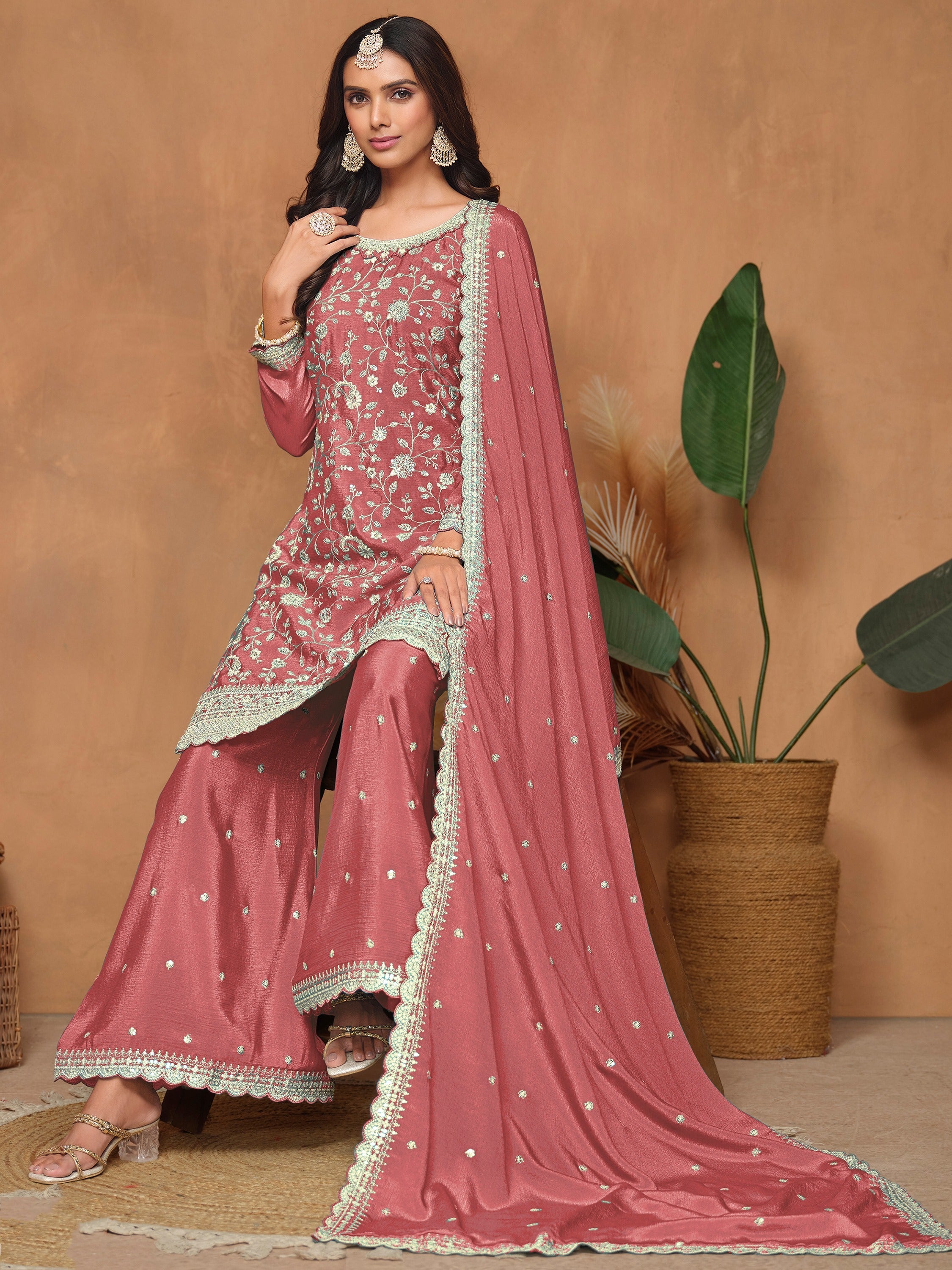 Pink Chinon Salwar Suit with Sequins Design for Engagement Evening and Party