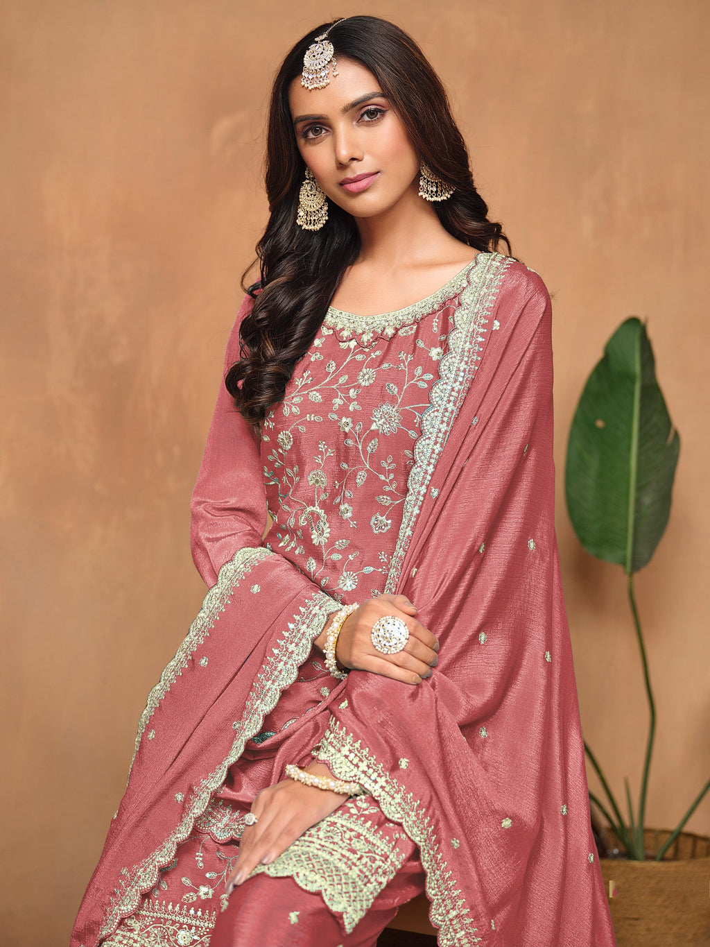 Pink Chinon Salwar Suit with Sequins Design for Engagement Evening and Party