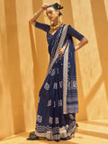 Pretty Navy Blue Foil Print Georgette Festival Wear Saree With Blouse