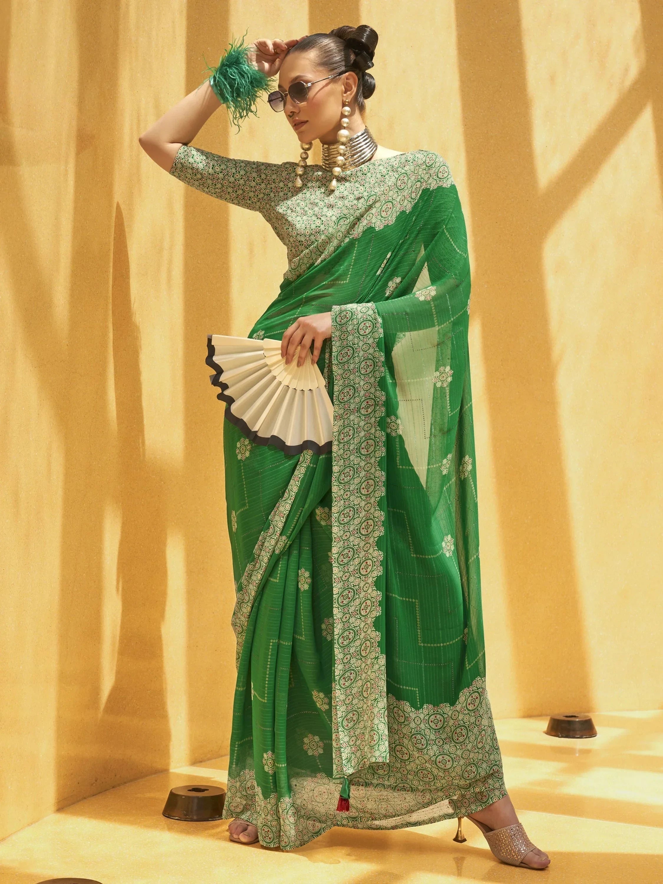 Fetching Green Foil Print Georgette Festival Wear Saree With Blouse