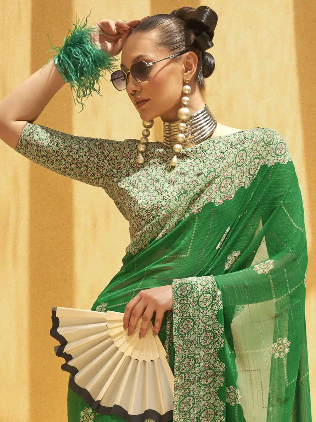 Fetching Green Foil Print Georgette Festival Wear Saree With Blouse