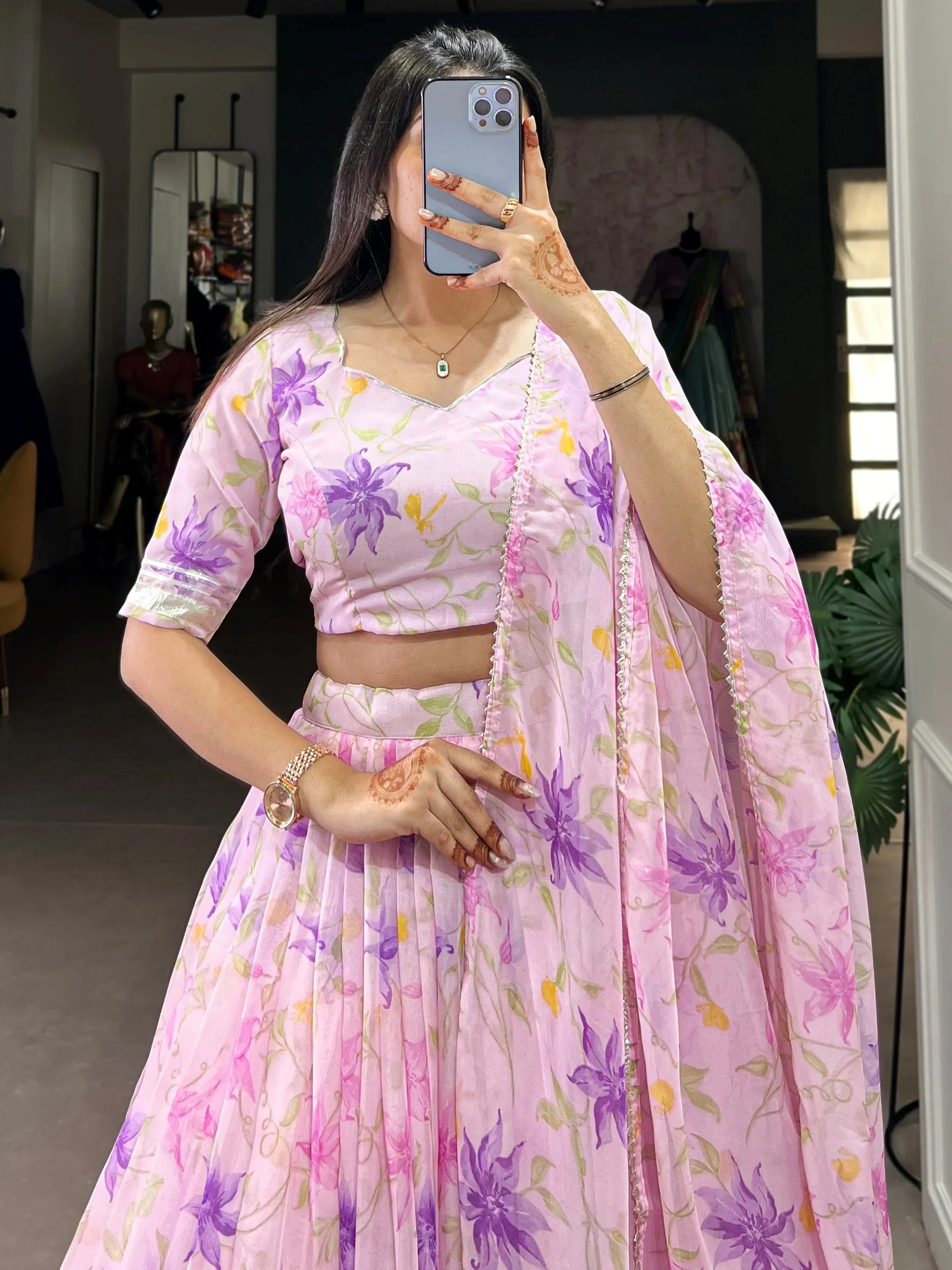 Purple Stunning Floral Printed Silk Festive Wear Lehenga Choli
