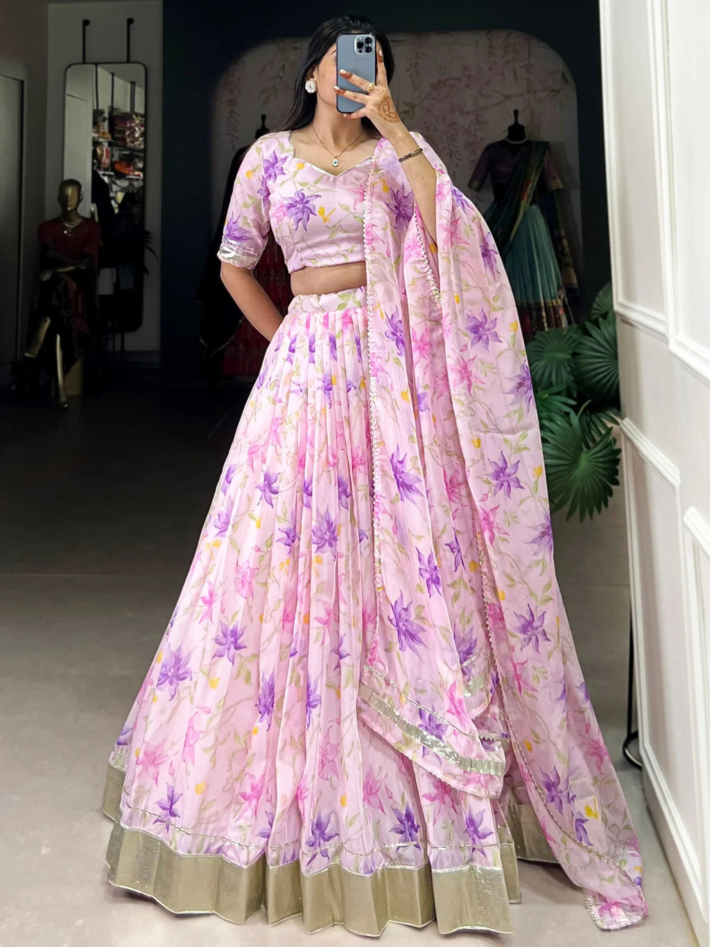 Purple Stunning Floral Printed Silk Festive Wear Lehenga Choli