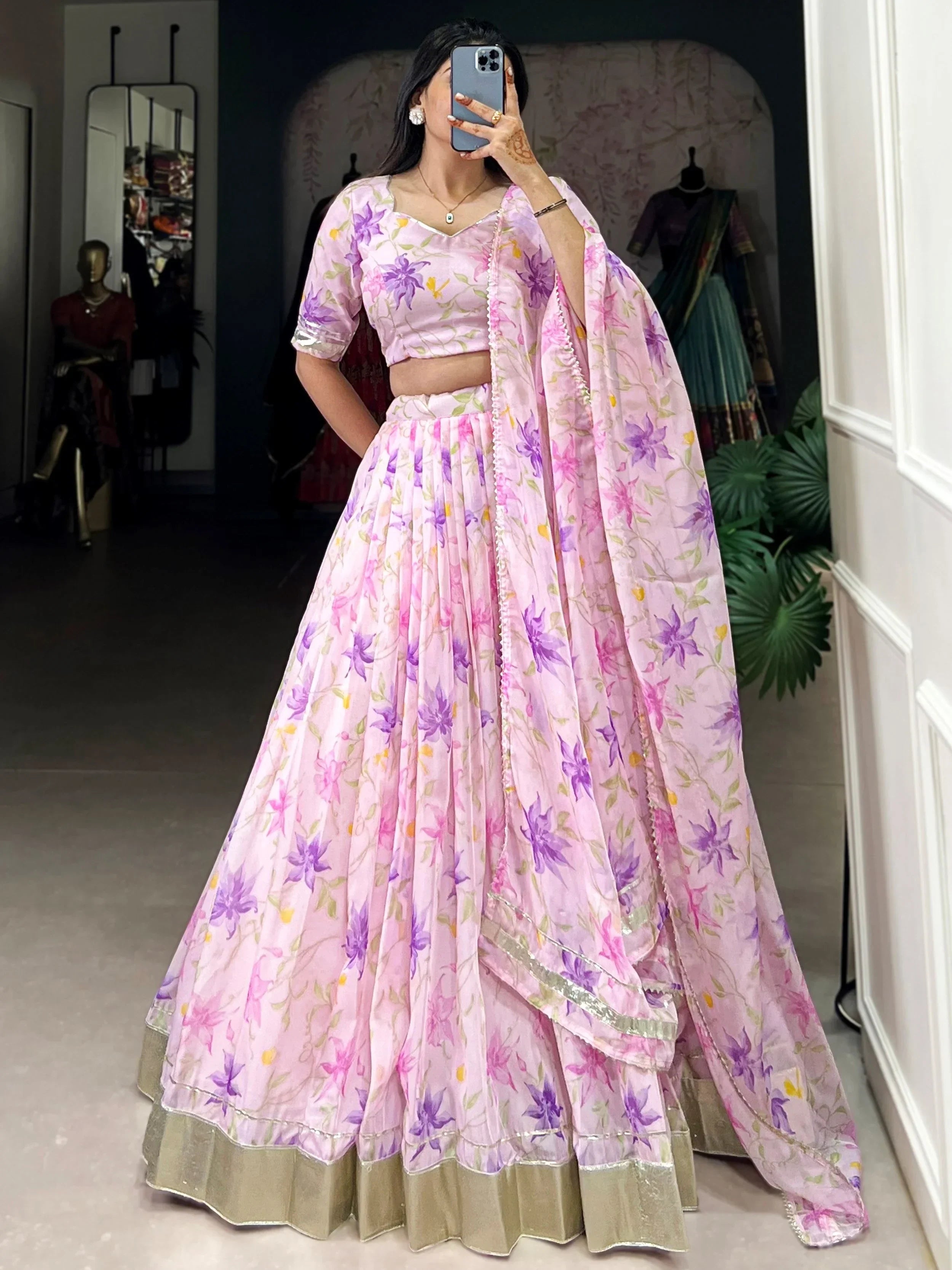 Purple Stunning Floral Printed Silk Festive Wear Lehenga Choli