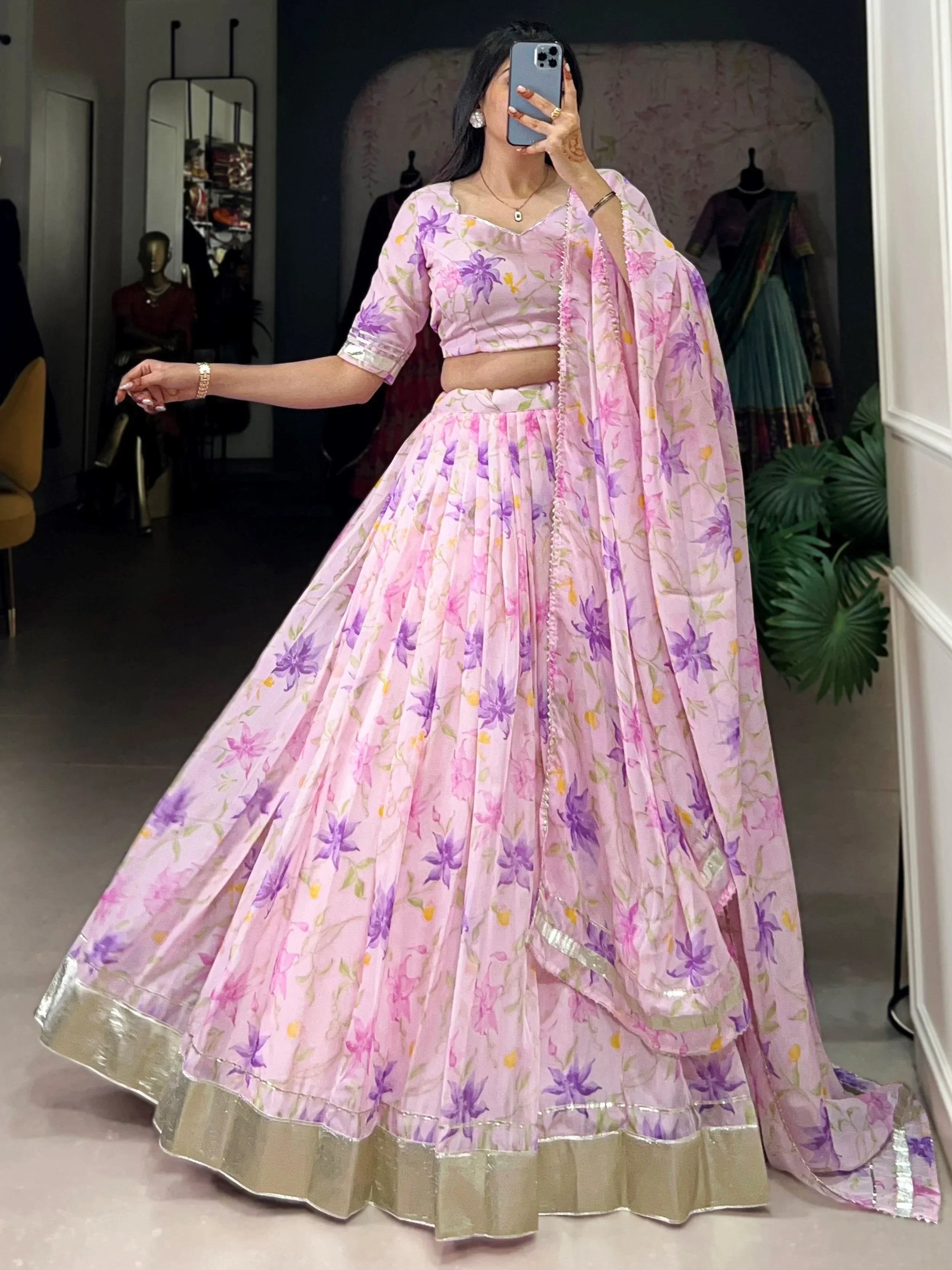 Purple Stunning Floral Printed Silk Festive Wear Lehenga Choli