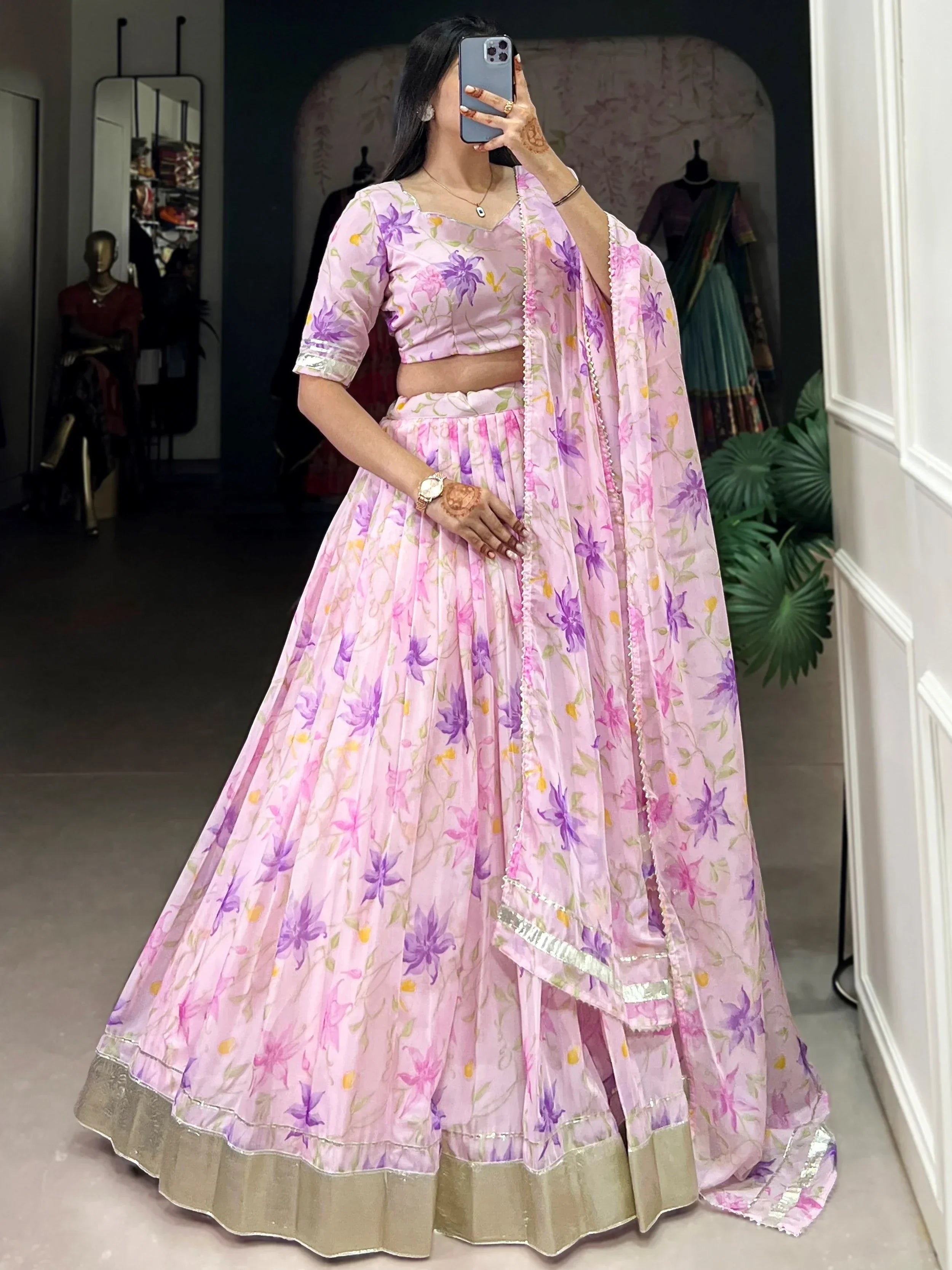 Purple Stunning Floral Printed Silk Festive Wear Lehenga Choli