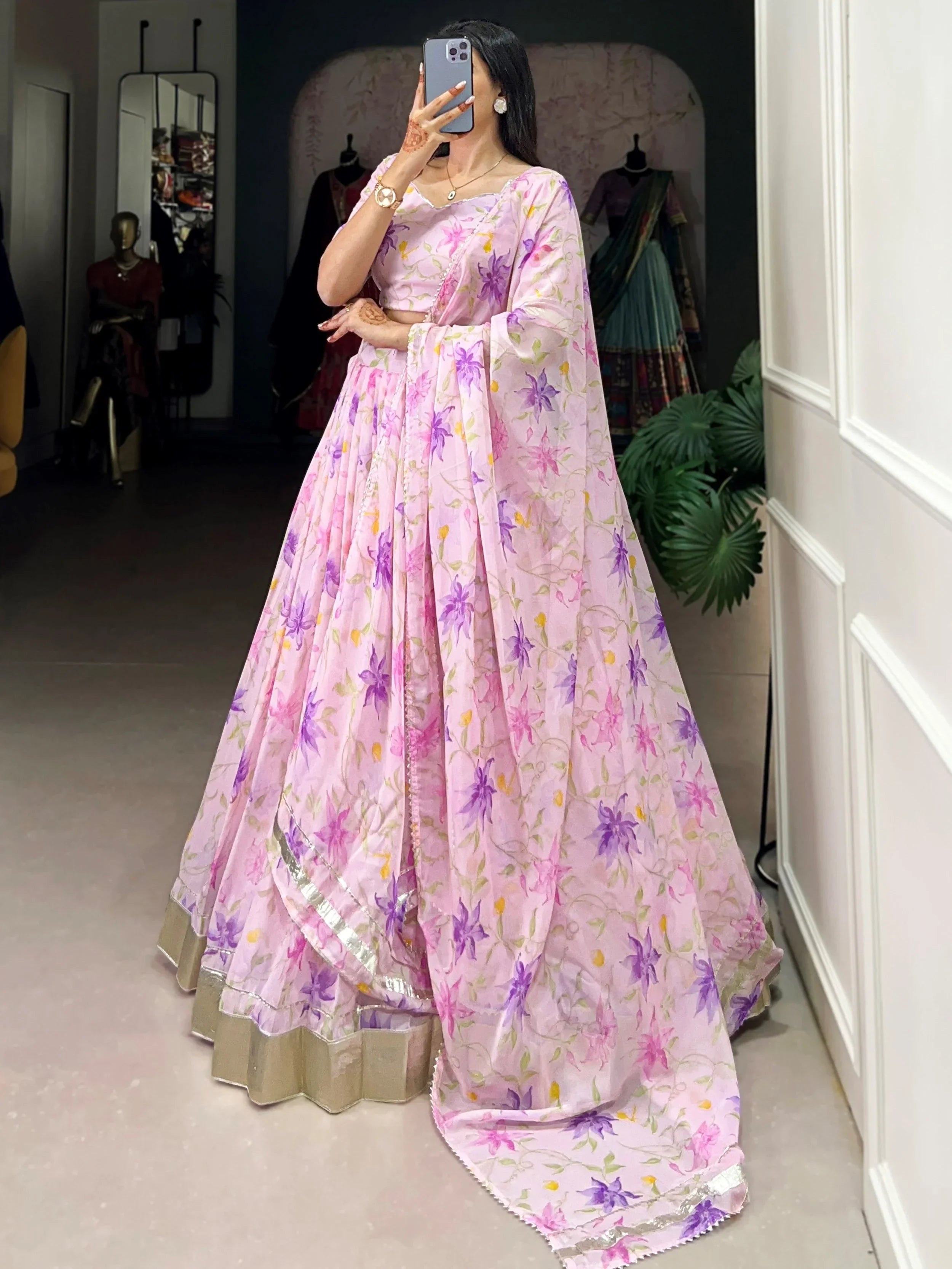 Purple Stunning Floral Printed Silk Festive Wear Lehenga Choli