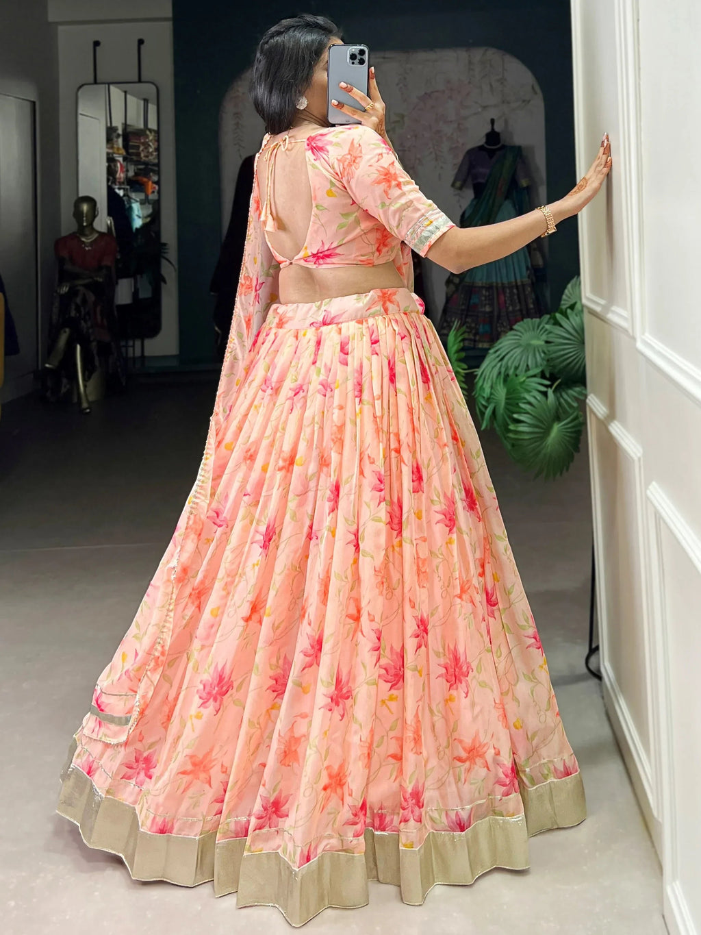 Peach Stunning Floral Printed Silk Festive Wear Lehenga Choli