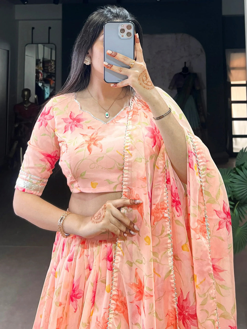 Peach Stunning Floral Printed Silk Festive Wear Lehenga Choli