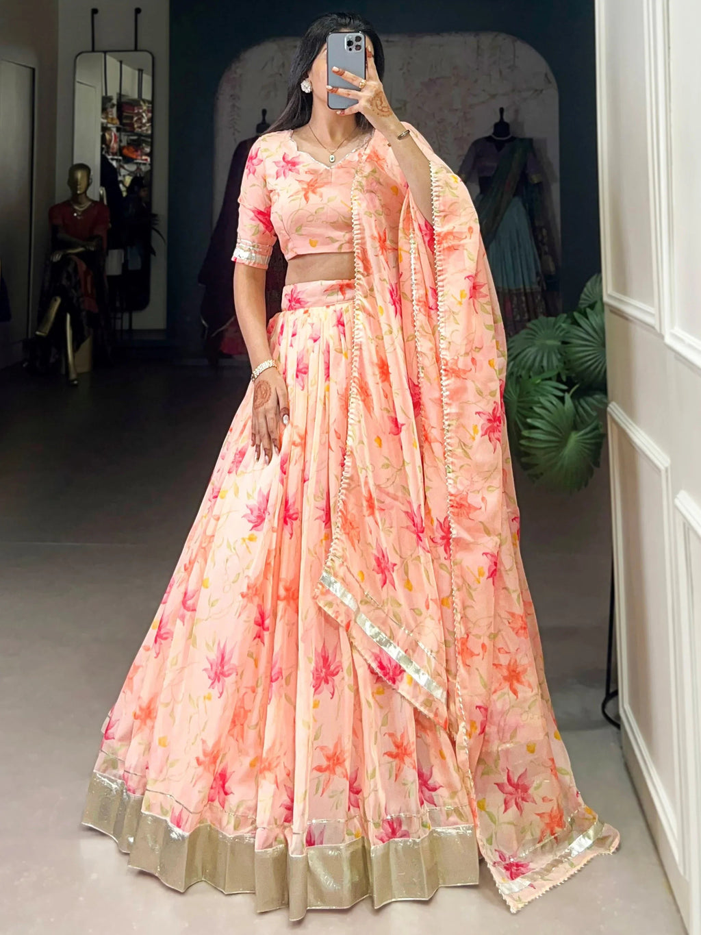 Peach Stunning Floral Printed Silk Festive Wear Lehenga Choli