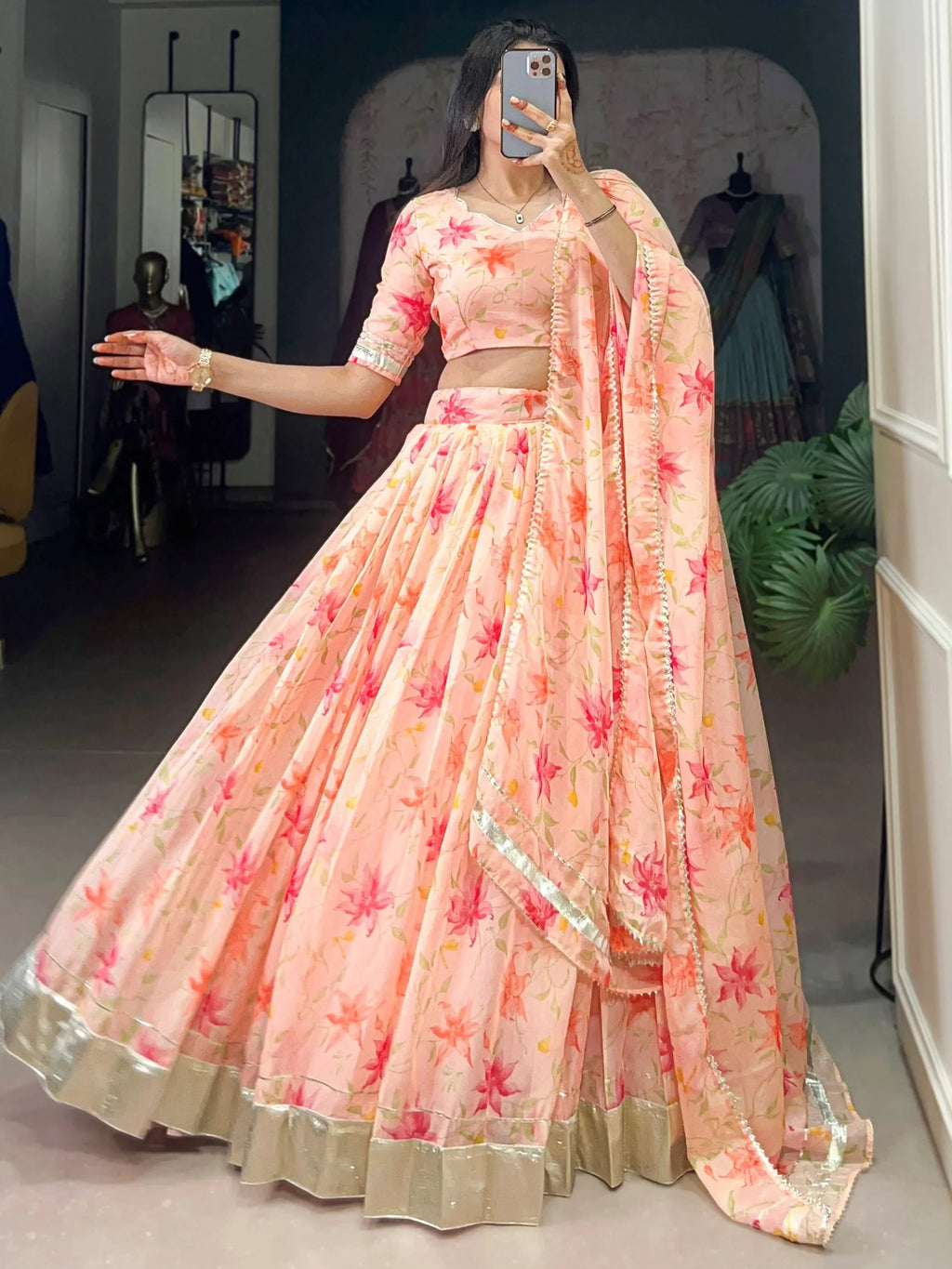 Peach Stunning Floral Printed Silk Festive Wear Lehenga Choli
