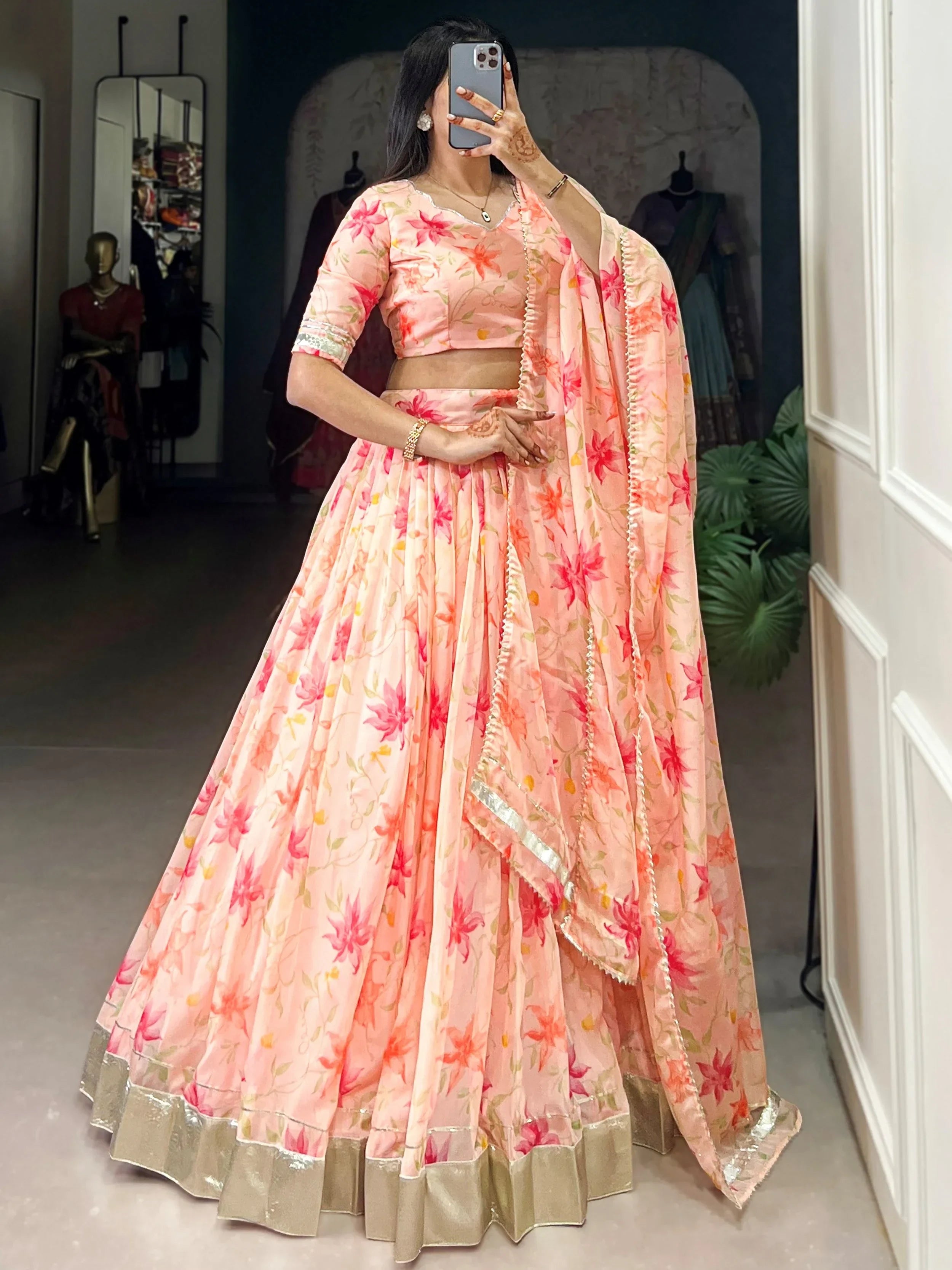 Peach Stunning Floral Printed Silk Festive Wear Lehenga Choli