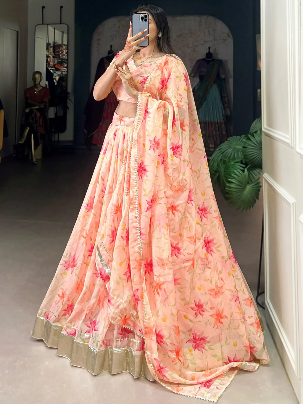 Peach Stunning Floral Printed Silk Festive Wear Lehenga Choli