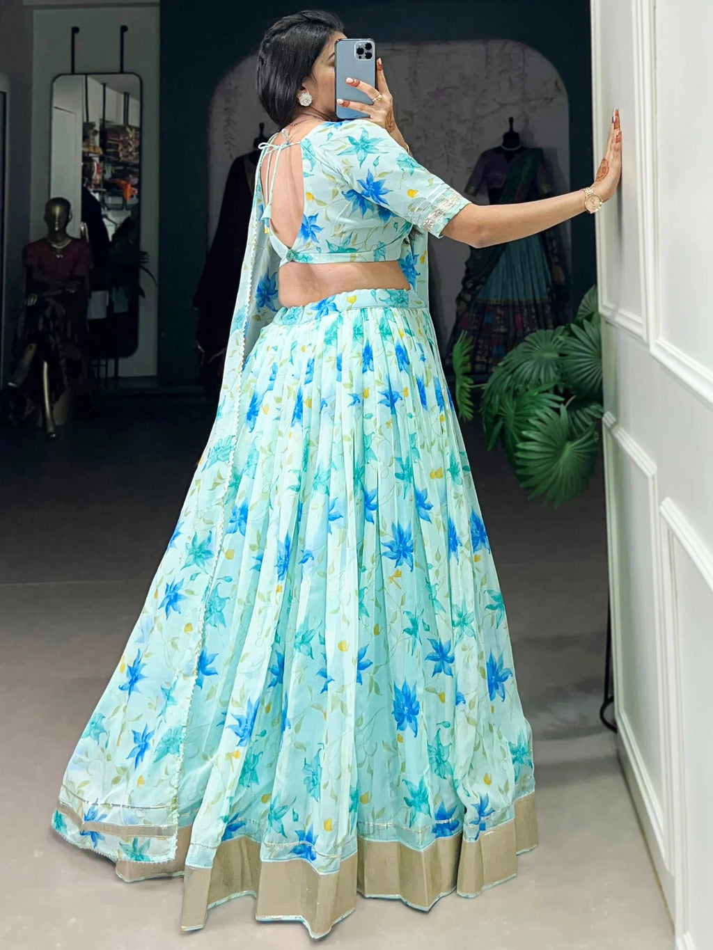Sky Blue Stunning Floral Printed Silk Festive Wear Lehenga Choli