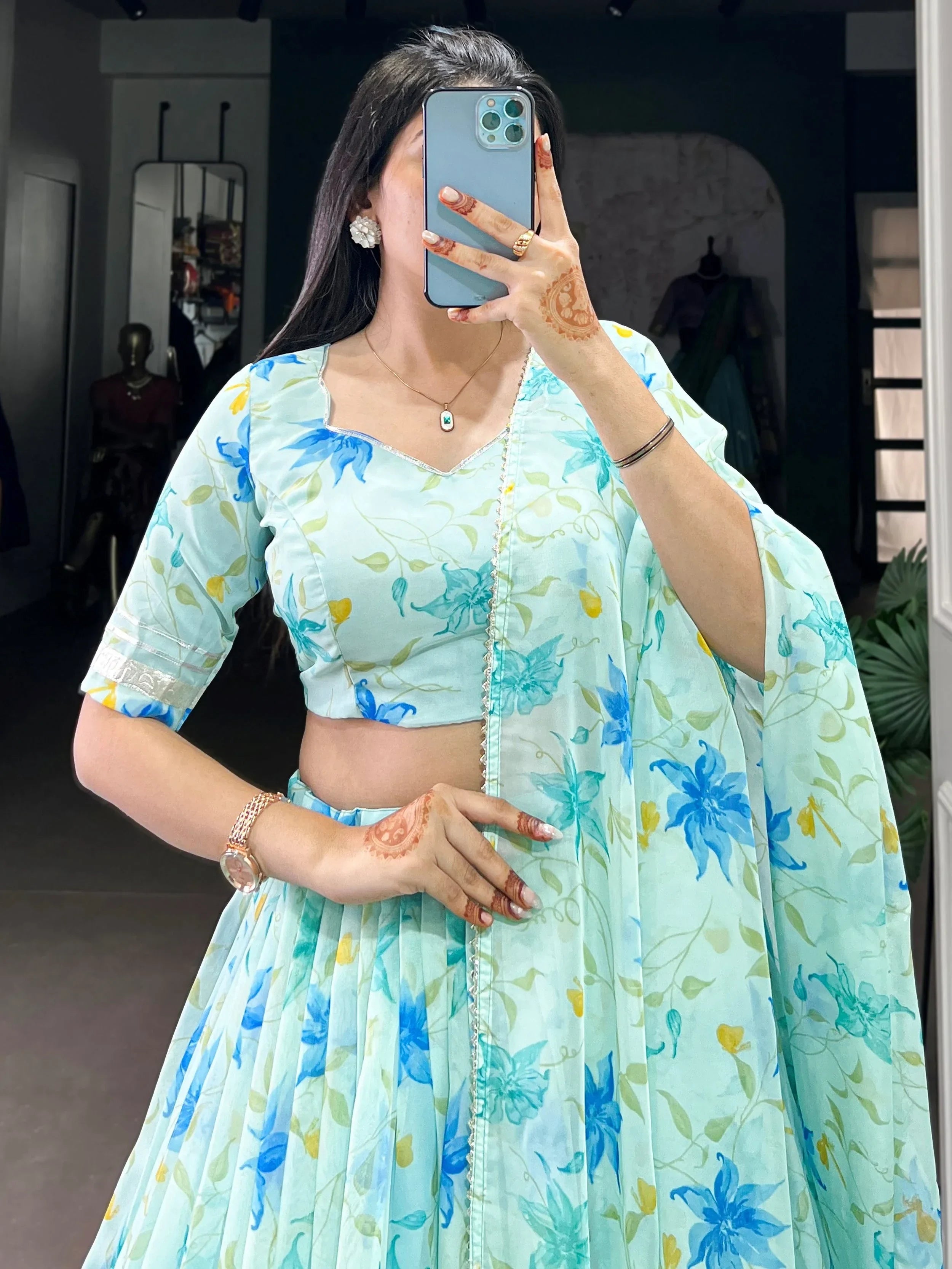 Sky Blue Stunning Floral Printed Silk Festive Wear Lehenga Choli