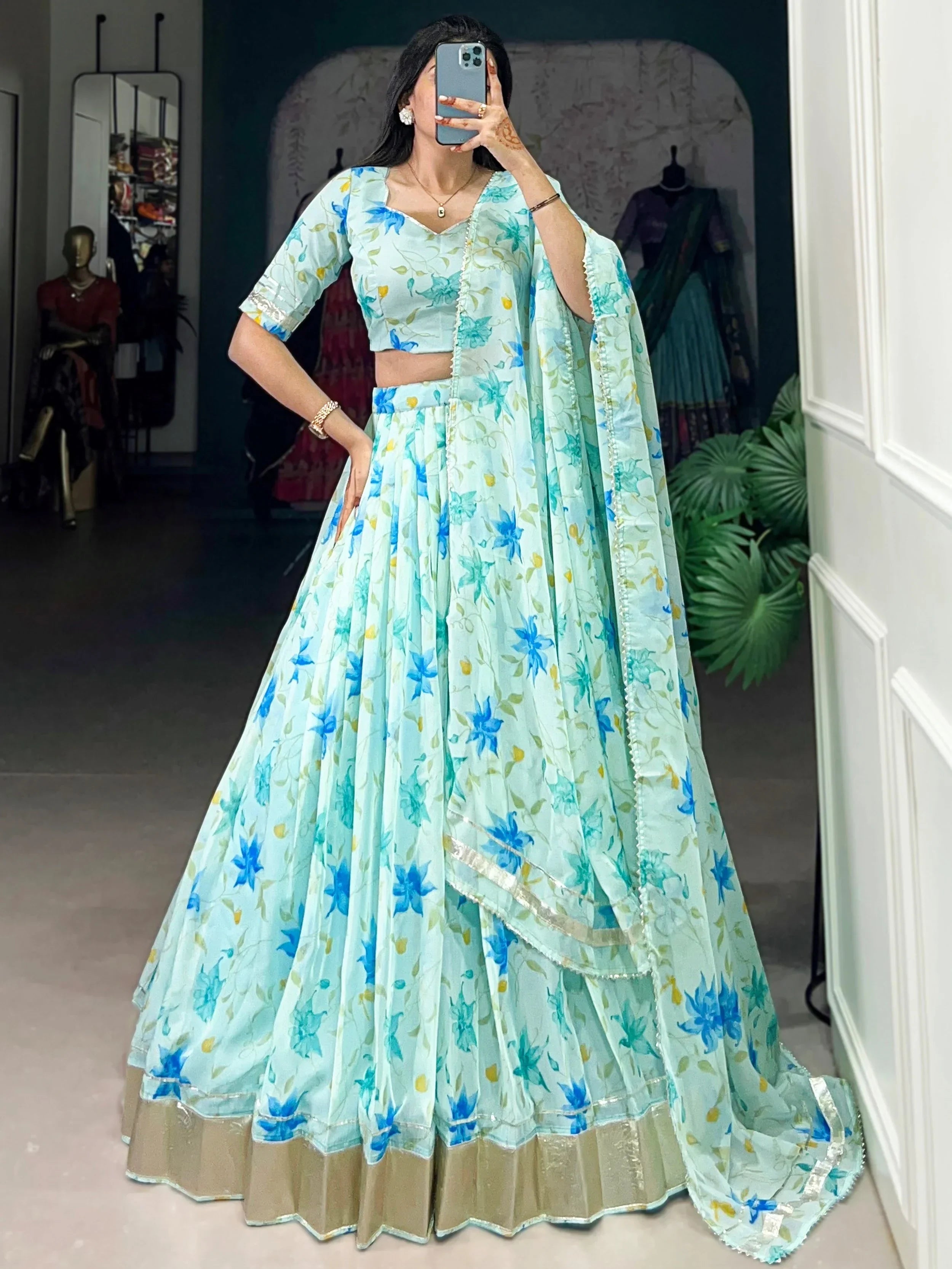 Sky Blue Stunning Floral Printed Silk Festive Wear Lehenga Choli