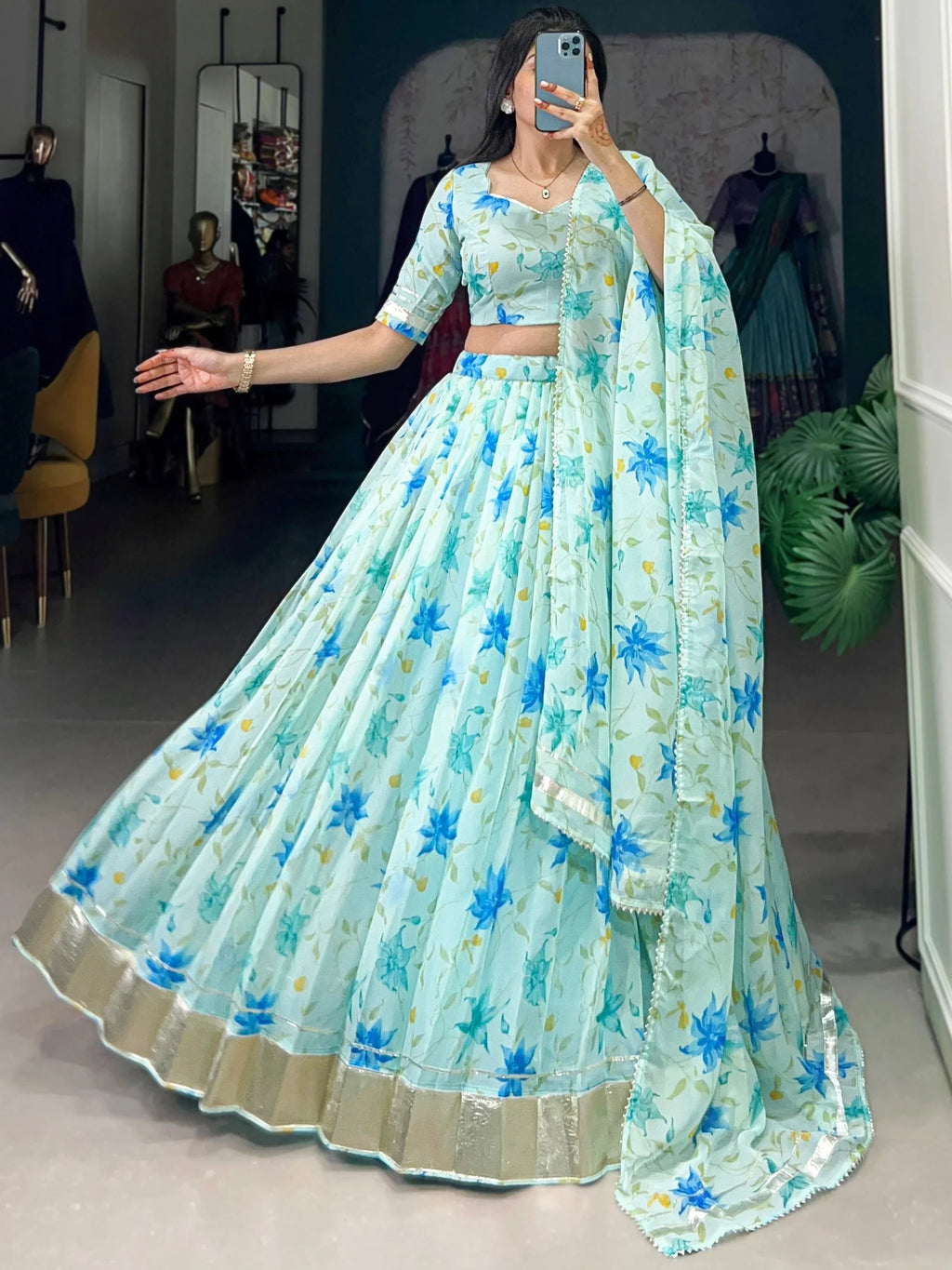 Sky Blue Stunning Floral Printed Silk Festive Wear Lehenga Choli