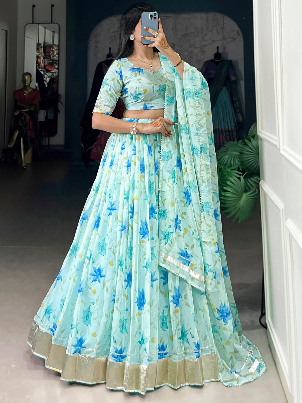 Sky Blue Stunning Floral Printed Silk Festive Wear Lehenga Choli