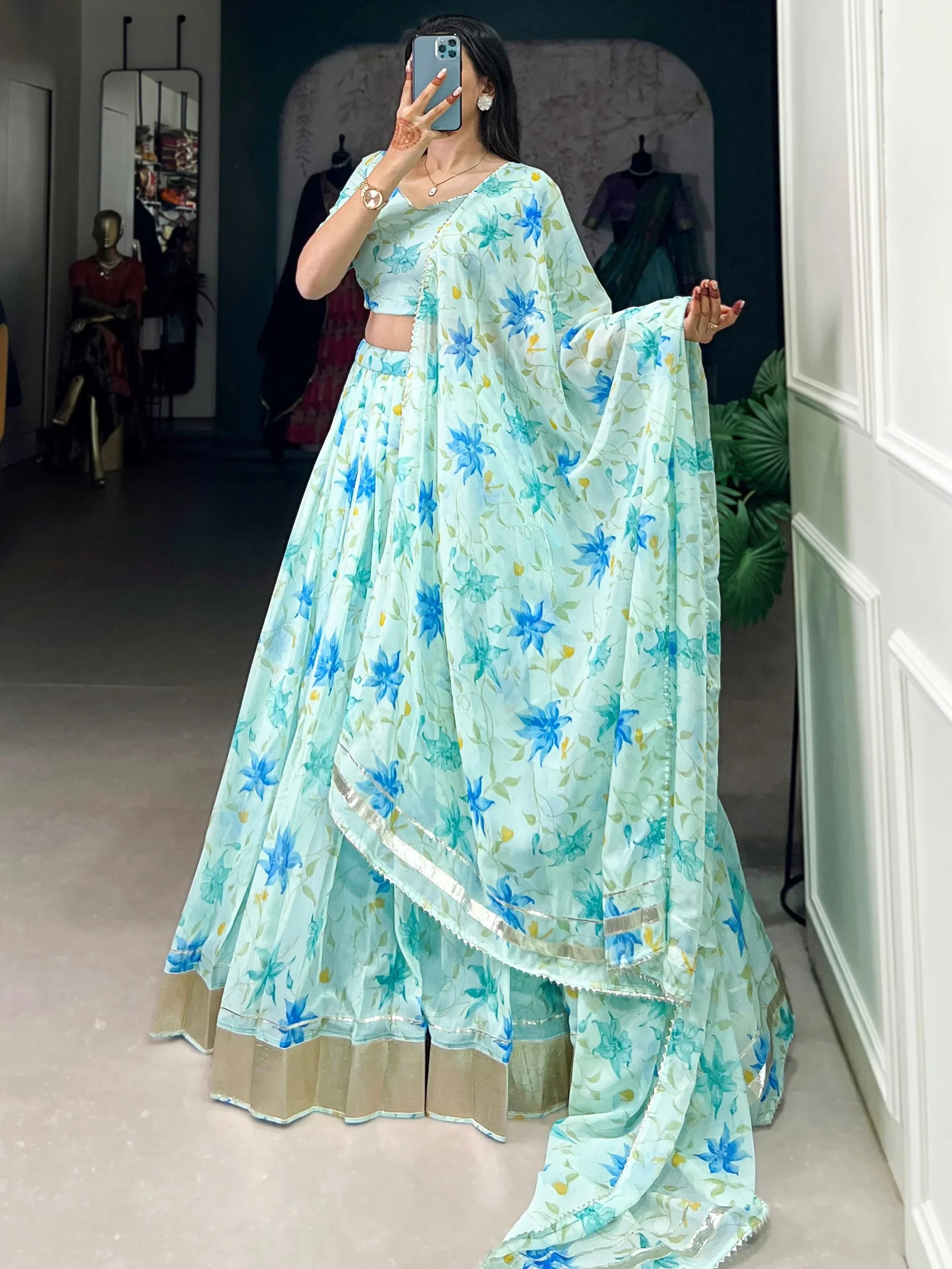 Sky Blue Stunning Floral Printed Silk Festive Wear Lehenga Choli