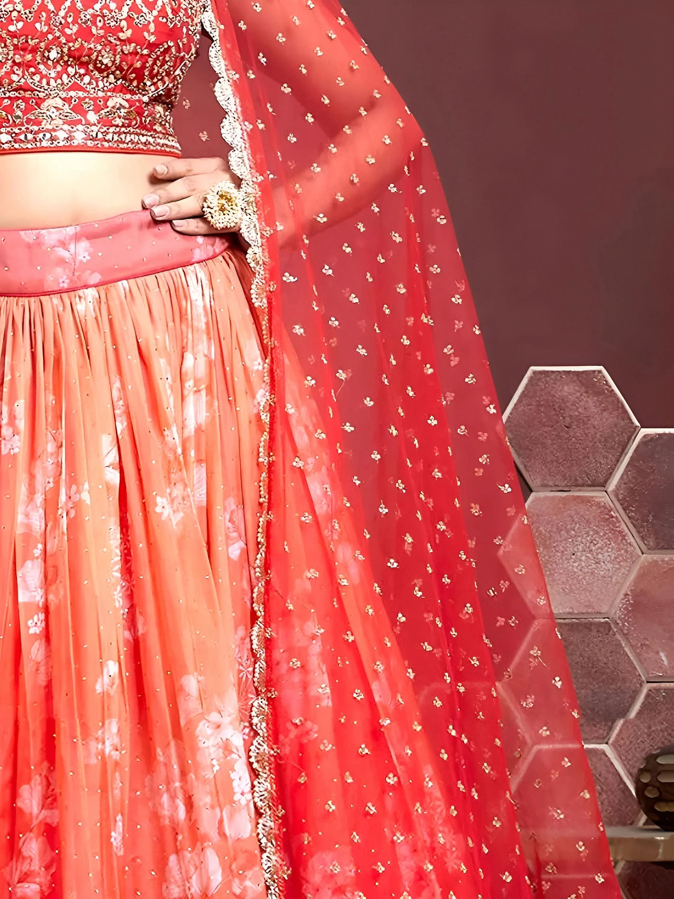 Awesome Orange Printed Silk Wedding Wear Plus Size Lehenga Choli
