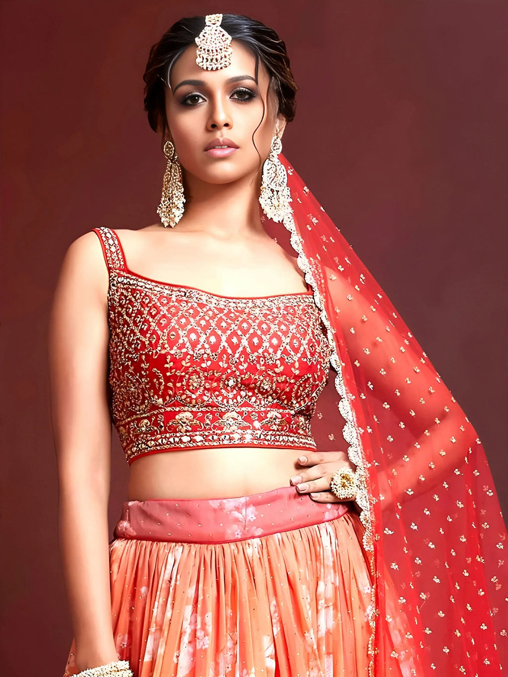 Awesome Orange Printed Silk Wedding Wear Plus Size Lehenga Choli