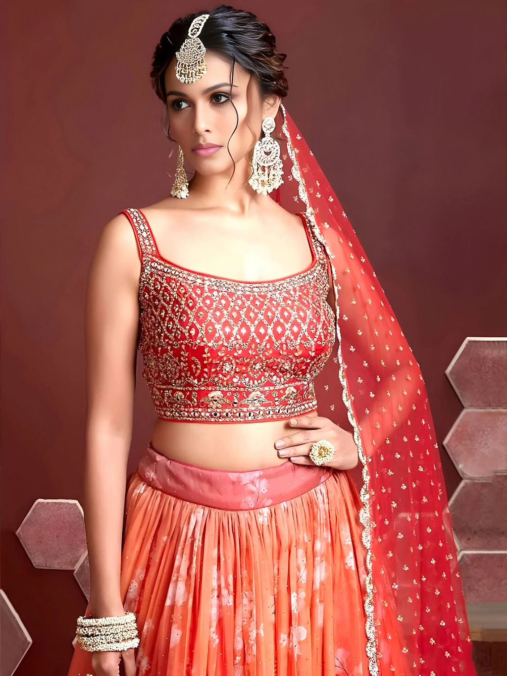 Awesome Orange Printed Silk Wedding Wear Plus Size Lehenga Choli