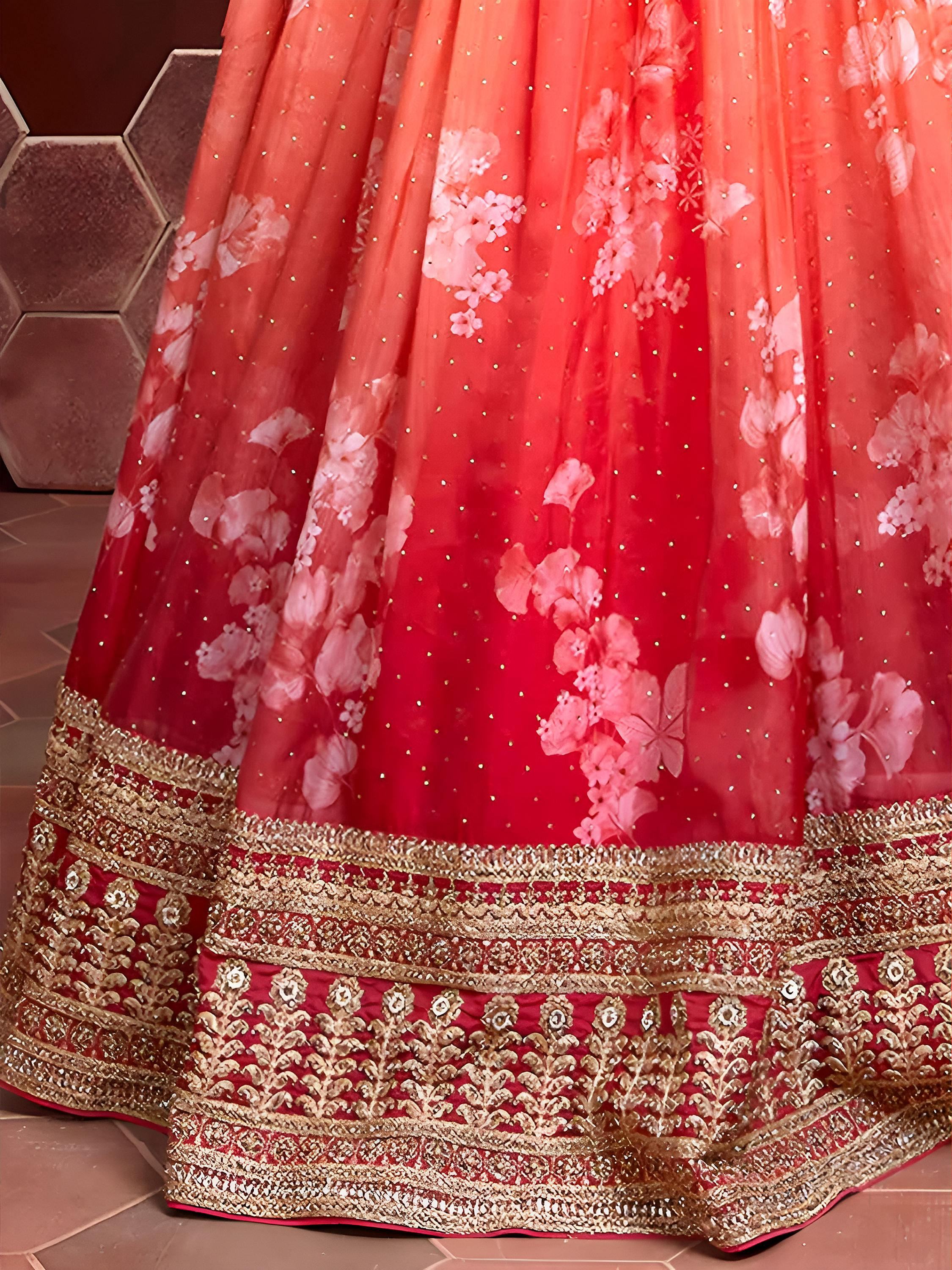 Awesome Orange Printed Silk Wedding Wear Plus Size Lehenga Choli