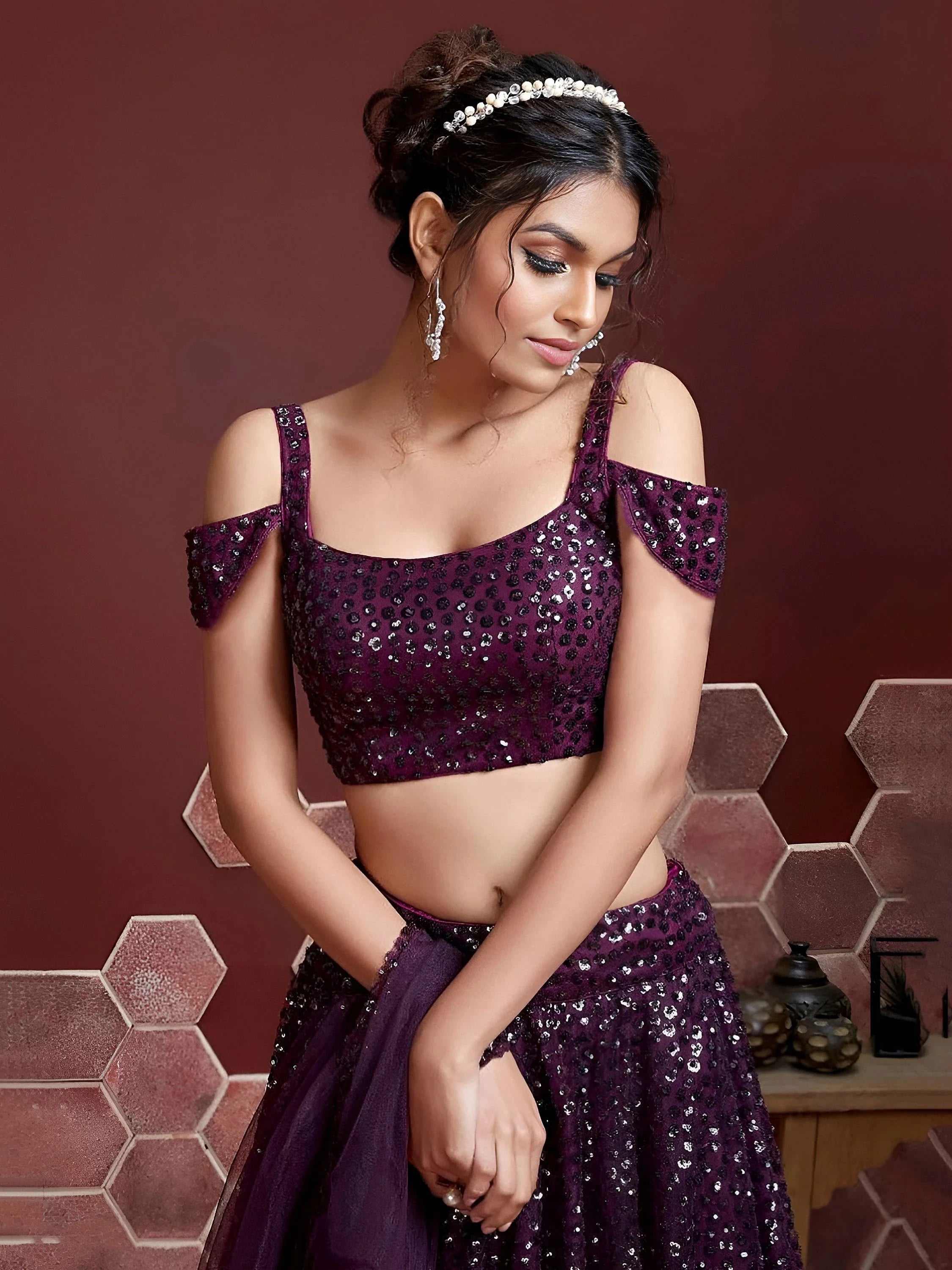 Glamorous Purple Sequins Net Reception Wear Plus Size Lehenga Choli
