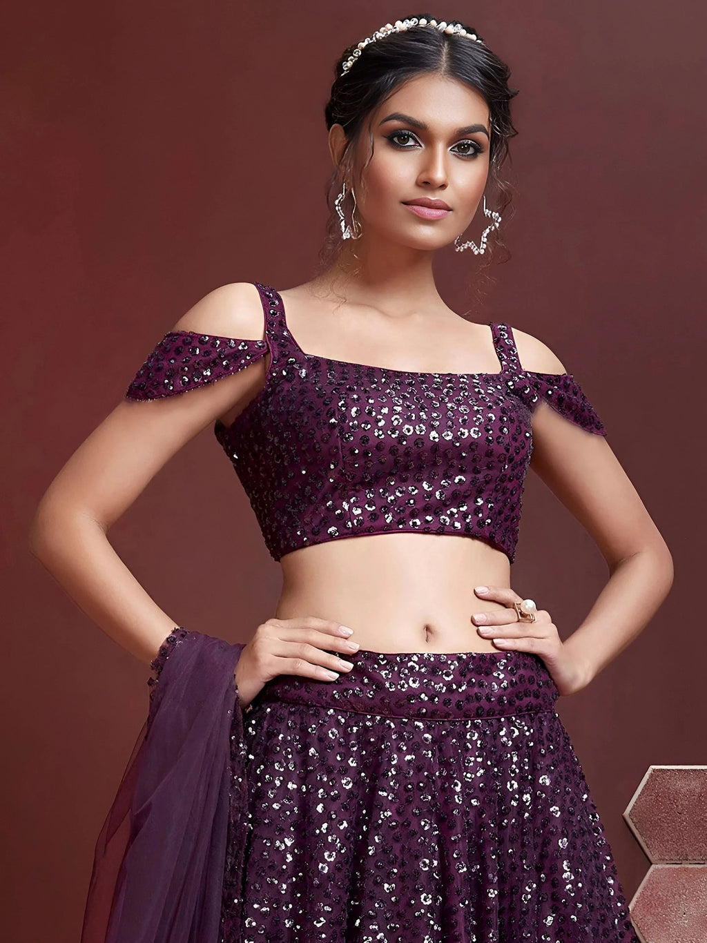 Glamorous Purple Sequins Net Reception Wear Plus Size Lehenga Choli