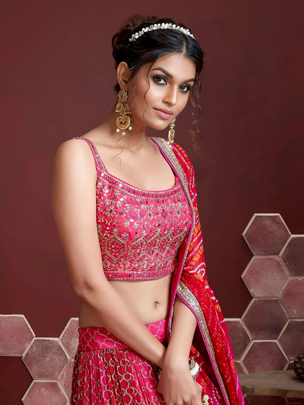 Gorgeous Pink Embroidered Silk Sangeet Wear Plus Size Lehenga Choli