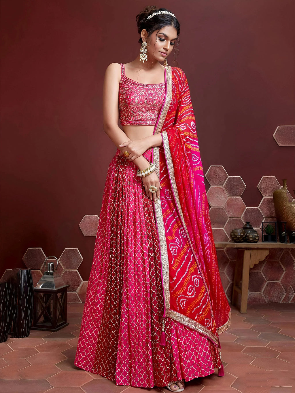 Gorgeous Pink Embroidered Silk Sangeet Wear Plus Size Lehenga Choli