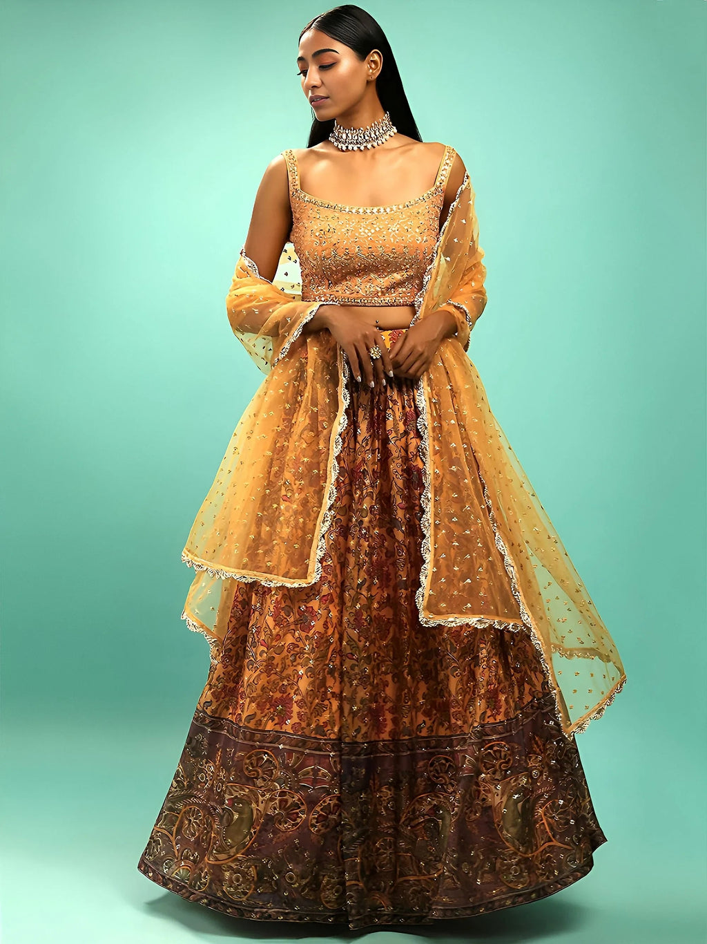Great Yellow Printed Chinon Engagement Wear Plus Size Lehenga Choli