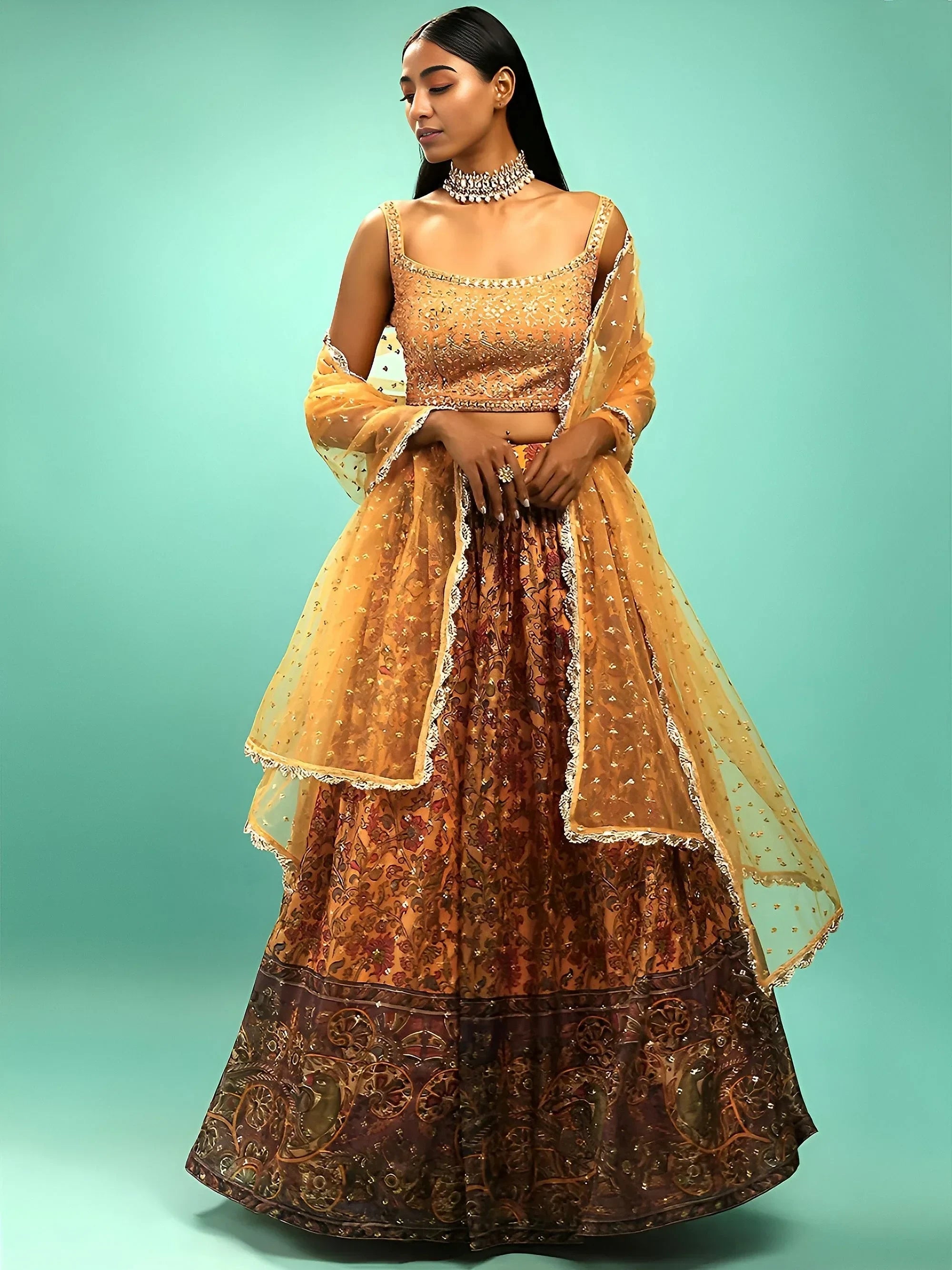 Yellow Wondrous Embroidery Chinon Silk Party Wear Lehenga Choli