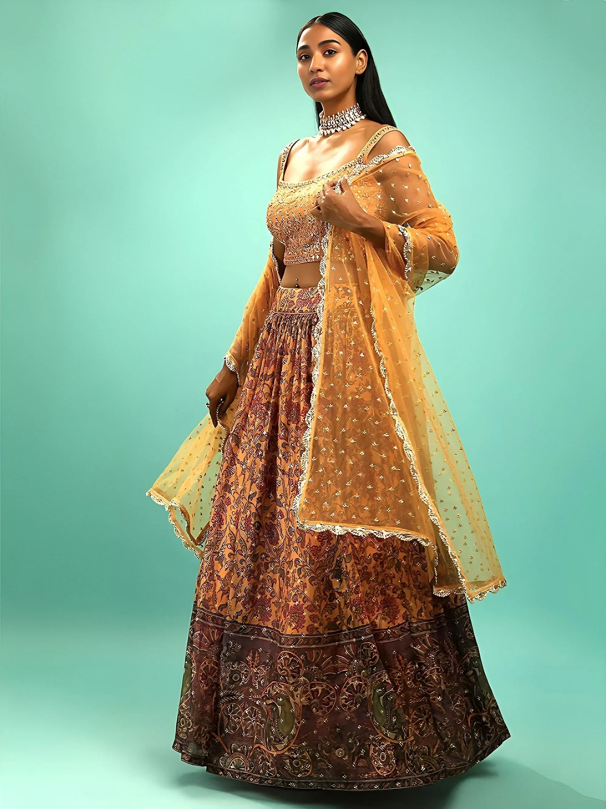 Yellow Wondrous Embroidery Chinon Silk Party Wear Lehenga Choli