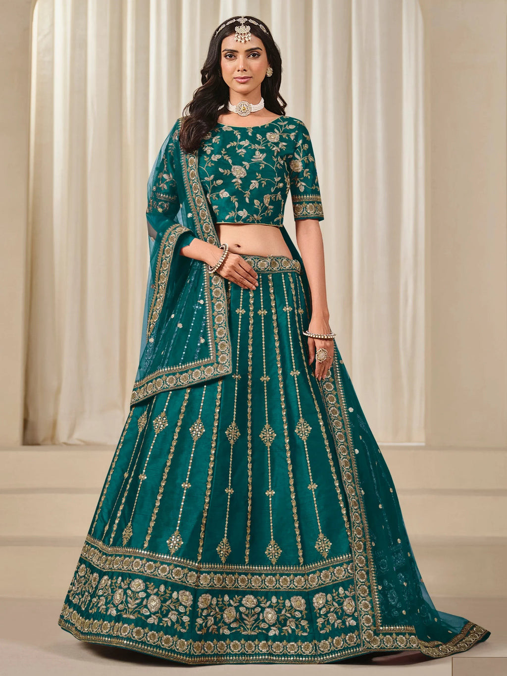 Awesome Green Zari Work Art Silk Mehendi Wear Lehenga With Blouse