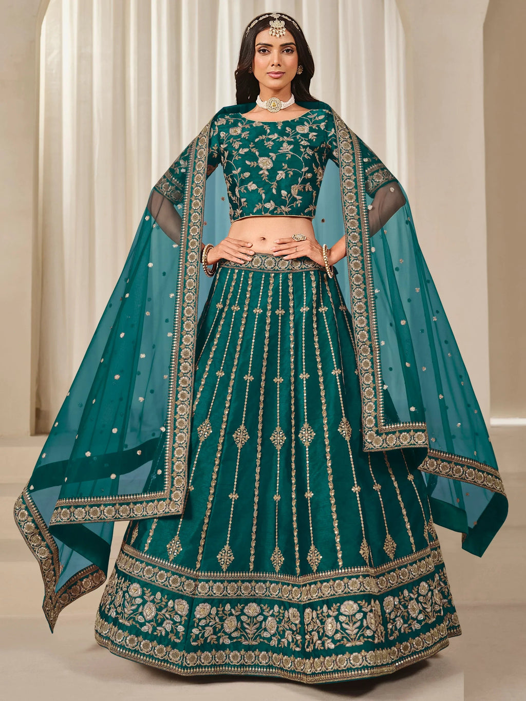 Awesome Green Zari Work Art Silk Mehendi Wear Lehenga With Blouse