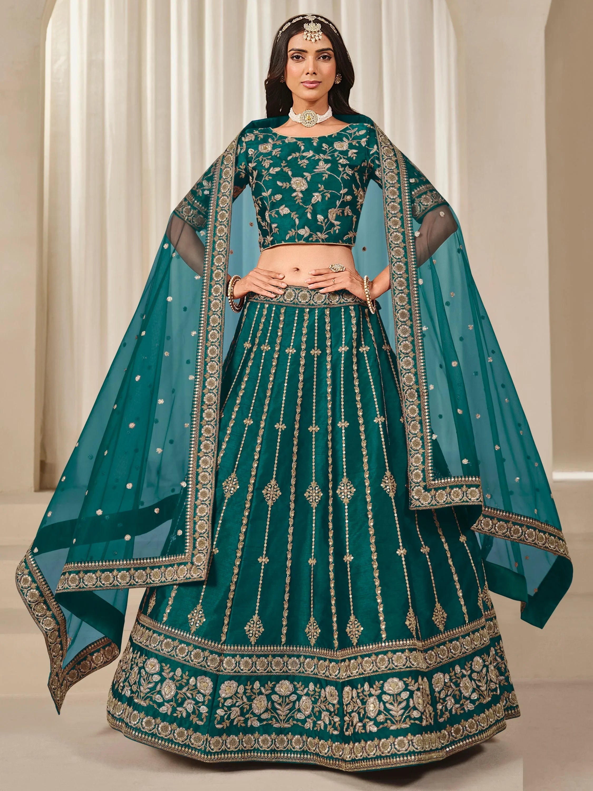 Awesome Green Zari Work Art Silk Mehendi Wear Lehenga With Blouse